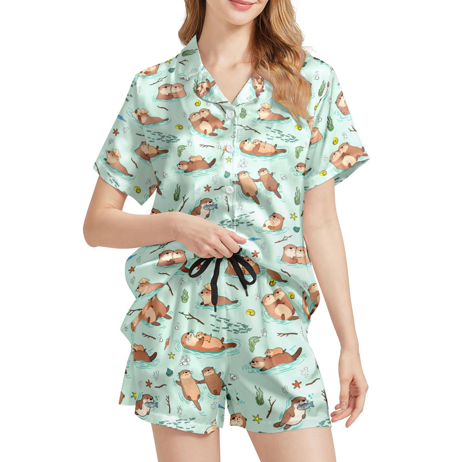 Funny Pajamas for Women Set Print Satin Loungewear Pjs Short Sleeve Button Down Top and Shorts Sets Sleepwear XS-3XL