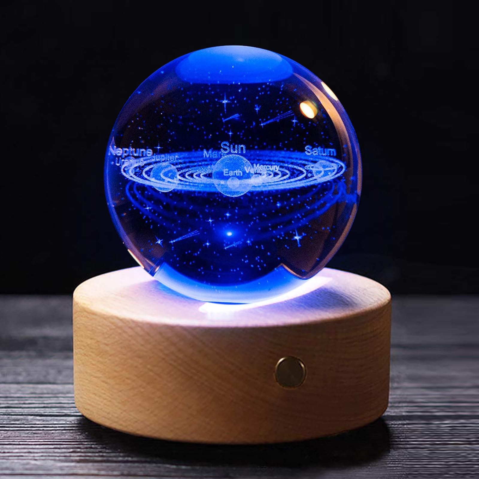 3D Solar System Crystal Ball with Wood Base, Engraved Universe