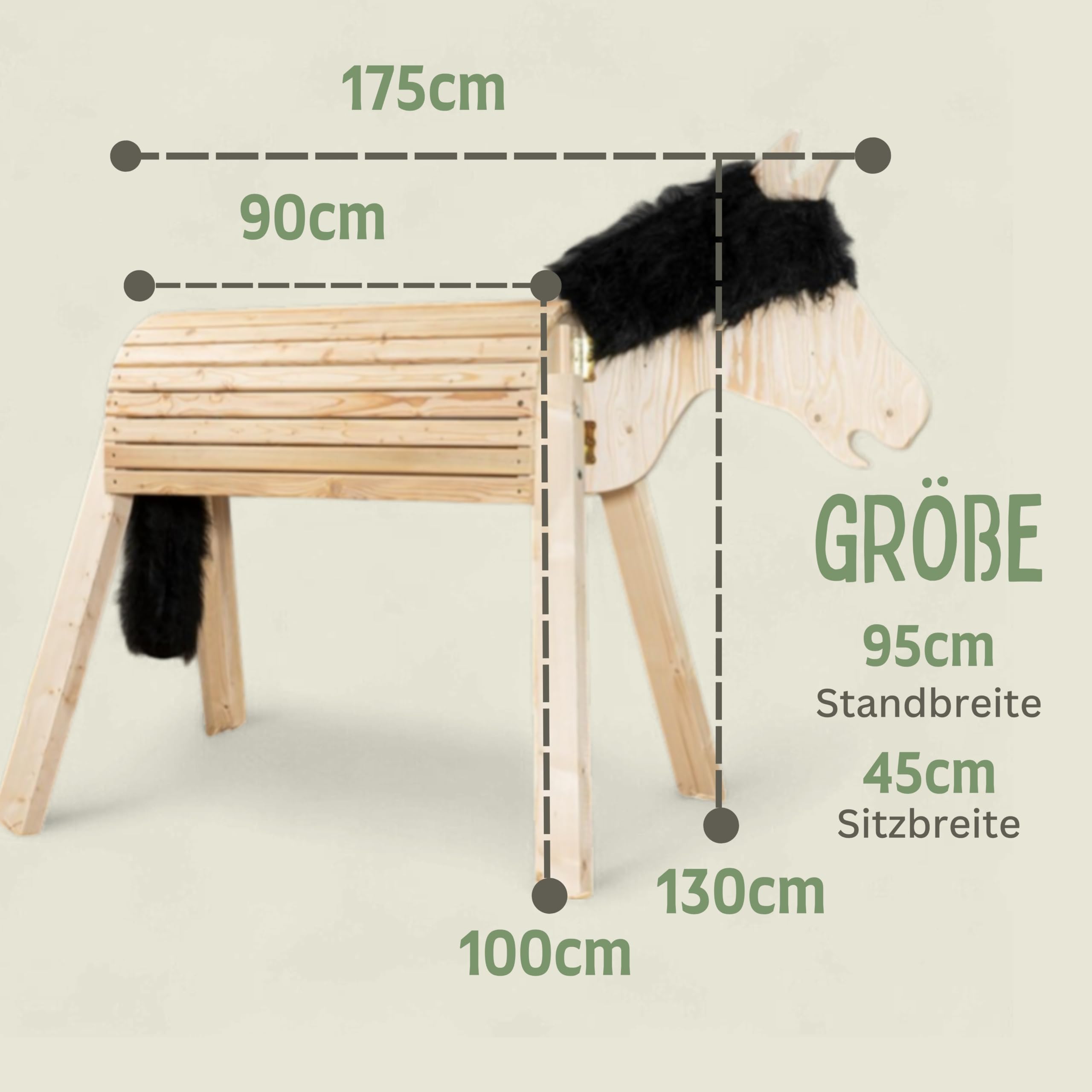 Mia Natur 100cm für draußen Reitpferd Garten Voltigierbock für Kinder, Stehpferd groß, Gartenpferd hangefertigt aus Deutschland, Voltigierpferd Holzpony mit Mähne