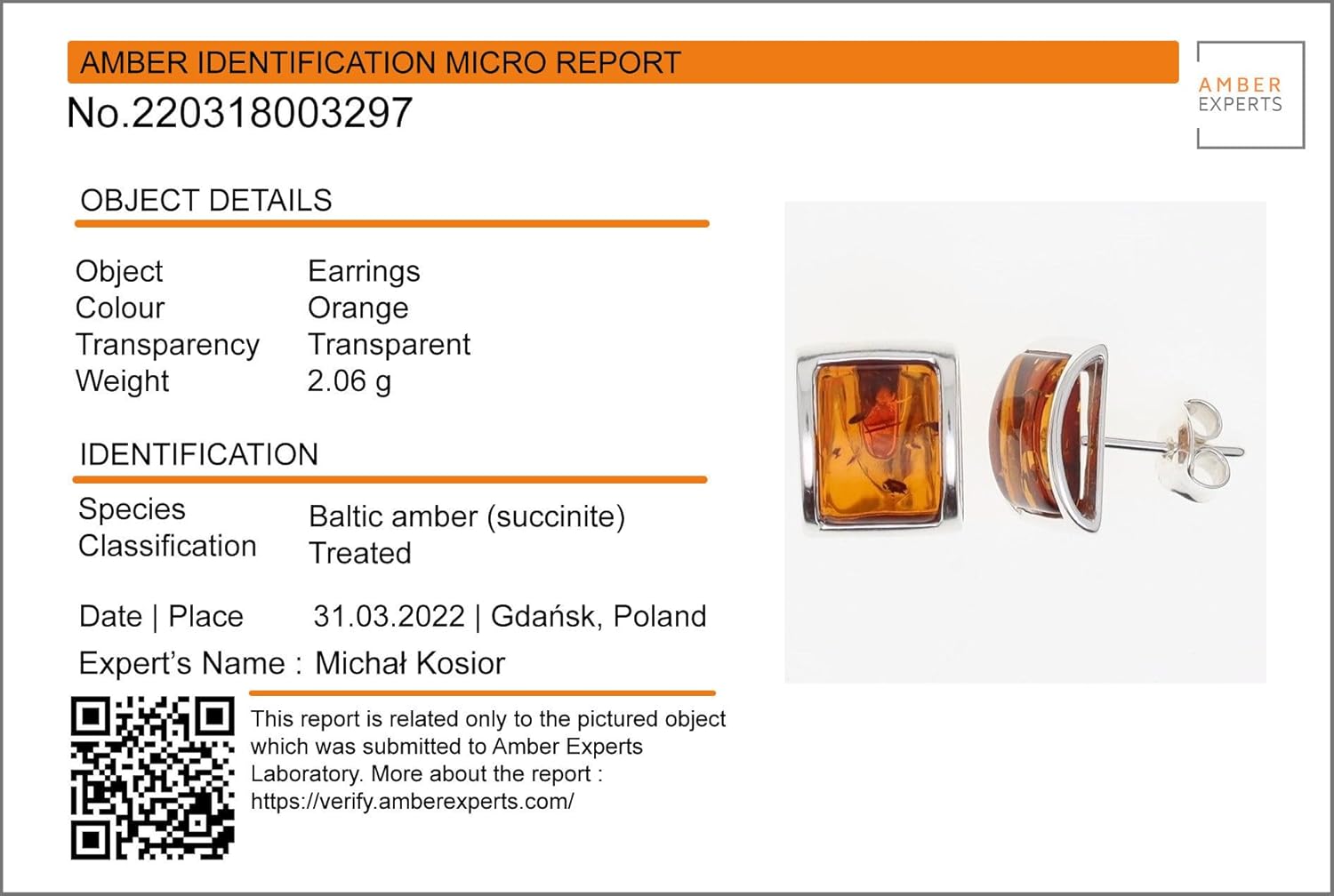 Lottie Genuine Baltic Honey Amber Stud Earrings for Women – 925 Sterling Silver Rectangular Cabochon Post Earrings, Natural Amber Jewelry with Certificate - Image 4