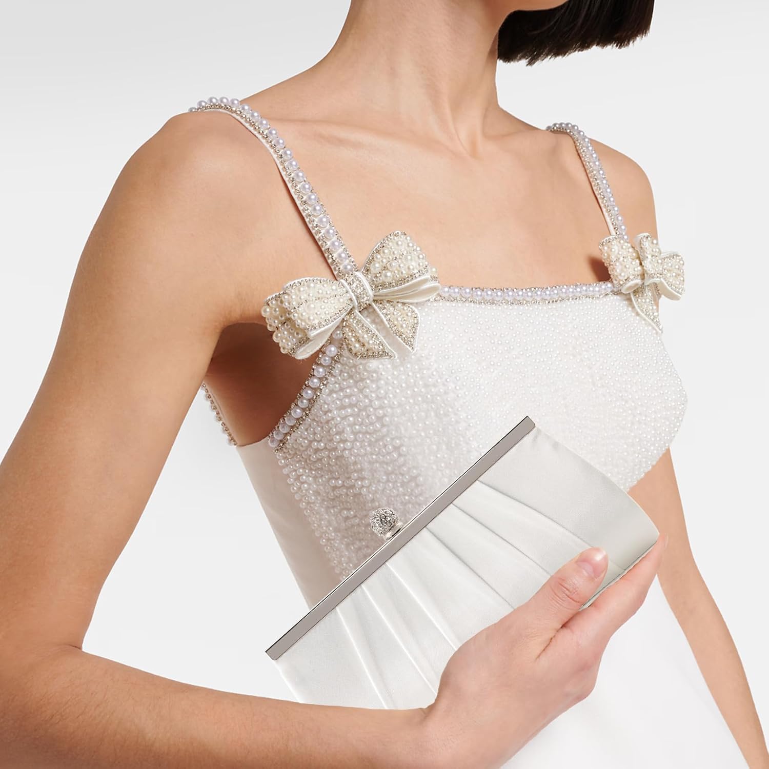 MOJISOLO Women's Evening Clutch Bag with Sparkling Crystal Buckle, Pleated Satin, Detachable Chain Strap for Wedding