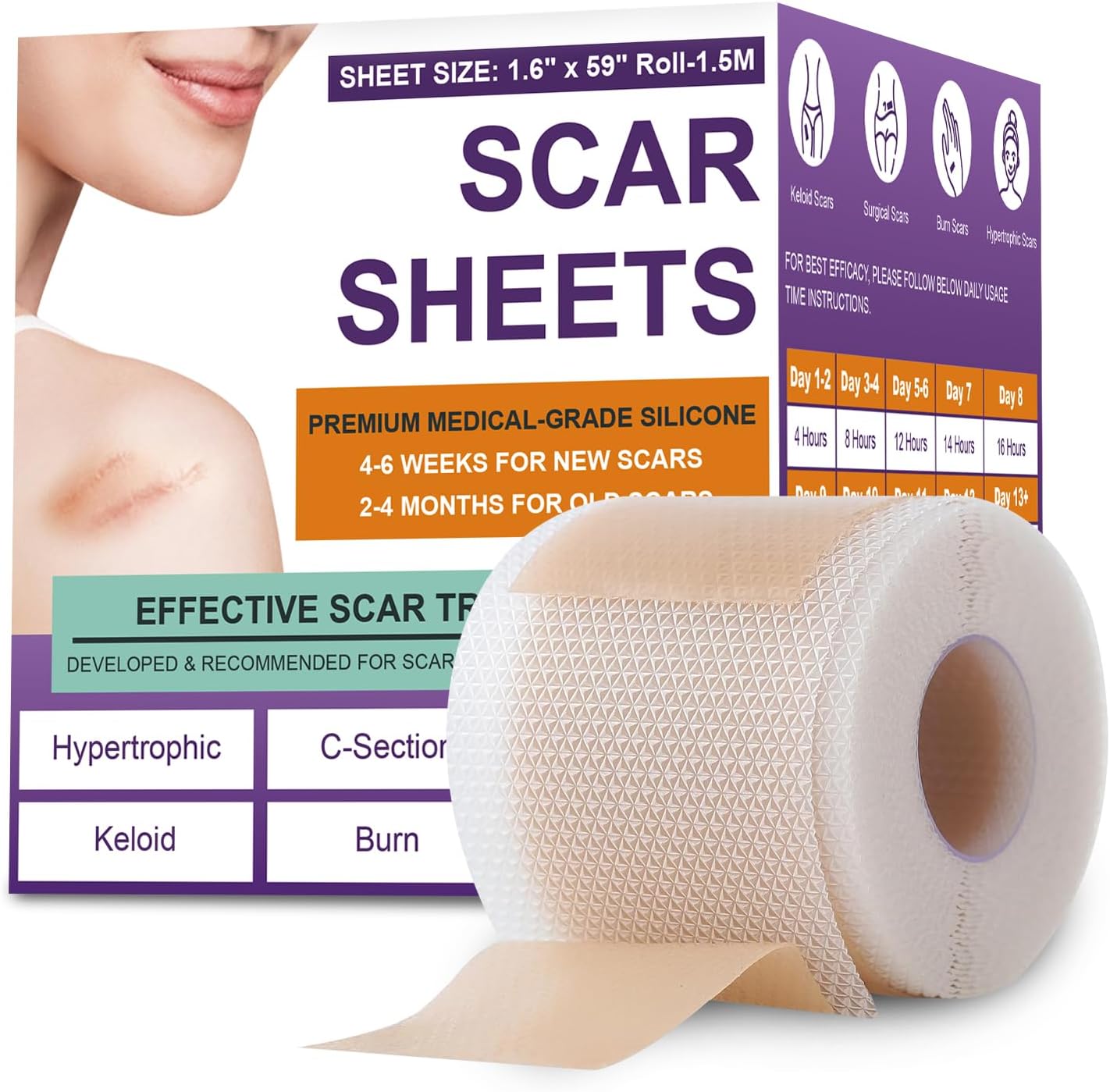 Silicone Scar Sheets,Silicone Scar Tape,Scar Tape for Surgical Scars,Silicone Scar Removal Strips for Surgical,C-Section,Tummy Tuck,Keloid Scars(1.6"X 59" Roll-1.5M) Keloid Bump Removal