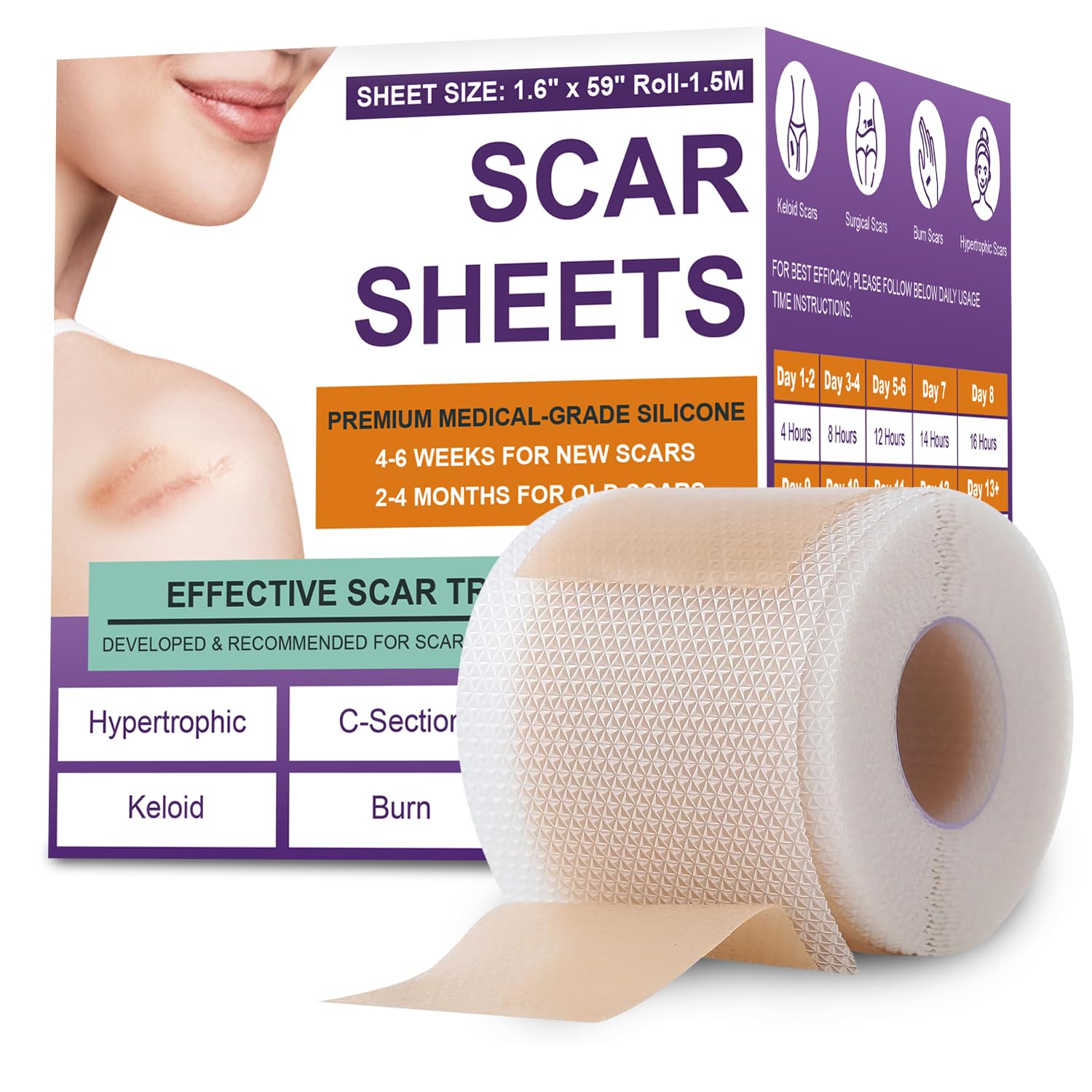 Silicone Scar Sheets,Silicone Scar Tape,Silicone Scar Removal Strips for Surgical,C-Section,Tummy Tuck,Keloid Scars (1.6"X 59" Roll-1.5M) Keloid Bump Removal - $9.99
