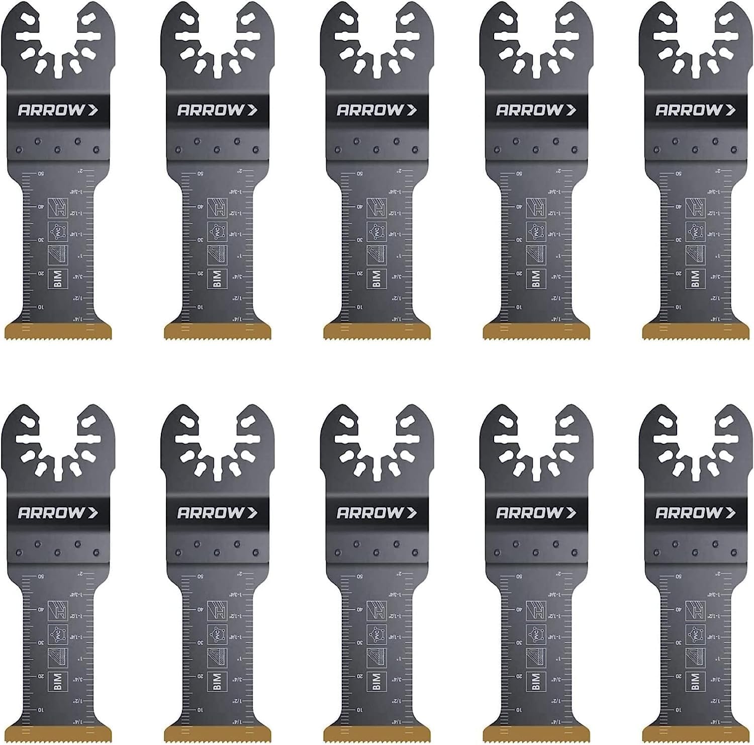 Arrow OSC201-10 Titanium Coated Bi-Metal Oscillating Tool Blades for Metal (nonferrous), Wood, Wood with Nails, PVC, Drywall, Universal, Fits Most Multitools, 1-1/4 inch, 10-Pack