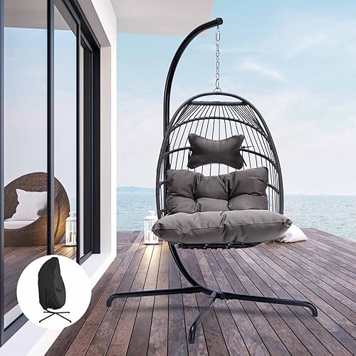Miniatura 64 de NICESOUL Silla colgante con soporte para interiores y exteriores, cómodas sillas hamaca de ratán para patio con cojín, capacidad de 350 libras