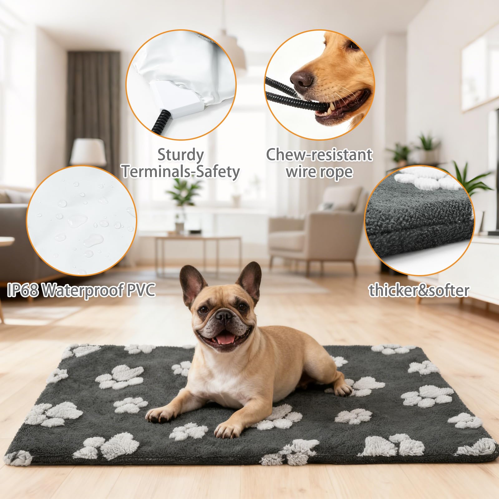 KOOLTAIL Coussin chauffant pour chien avec interrupteur intelligent amélioré, tapis chauffant pour animal domestique avec cordon anti-morsure, fonction constante, tapis de cage chauffant pour chiens