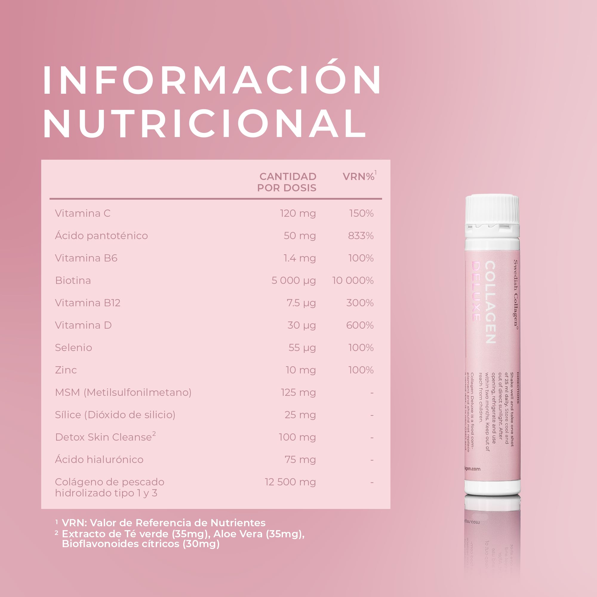 Swedish Collagen Deluxe | Suplemento líquido de colágeno marino hidrolizado de 12.500 mg - 20 dosis diarias de 25 ml | Ácido hialurónico, biotina y vitamina C para un cabello, piel, uñas y