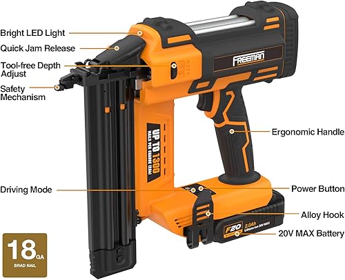 Miniatura 5 de Freeman PE20VBR50 - Kit de clavadora inalámbrica de 20 voltios calibre 18 de 2 pulgadas con batería de iones de litio, cargador, bolsa y clavos (500