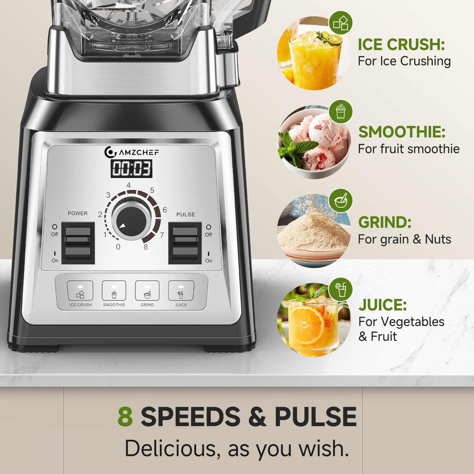 AMZCHEF Standmixer 2000 Watt | 2L Mixer Hochleistungsmixer | Blender mit 8 Einstellbaren Geschwindigkeiten und 4 Vorprogramme für Crushed Ice, Smoothie Maker, Grind Mixer | BPA-Freiem