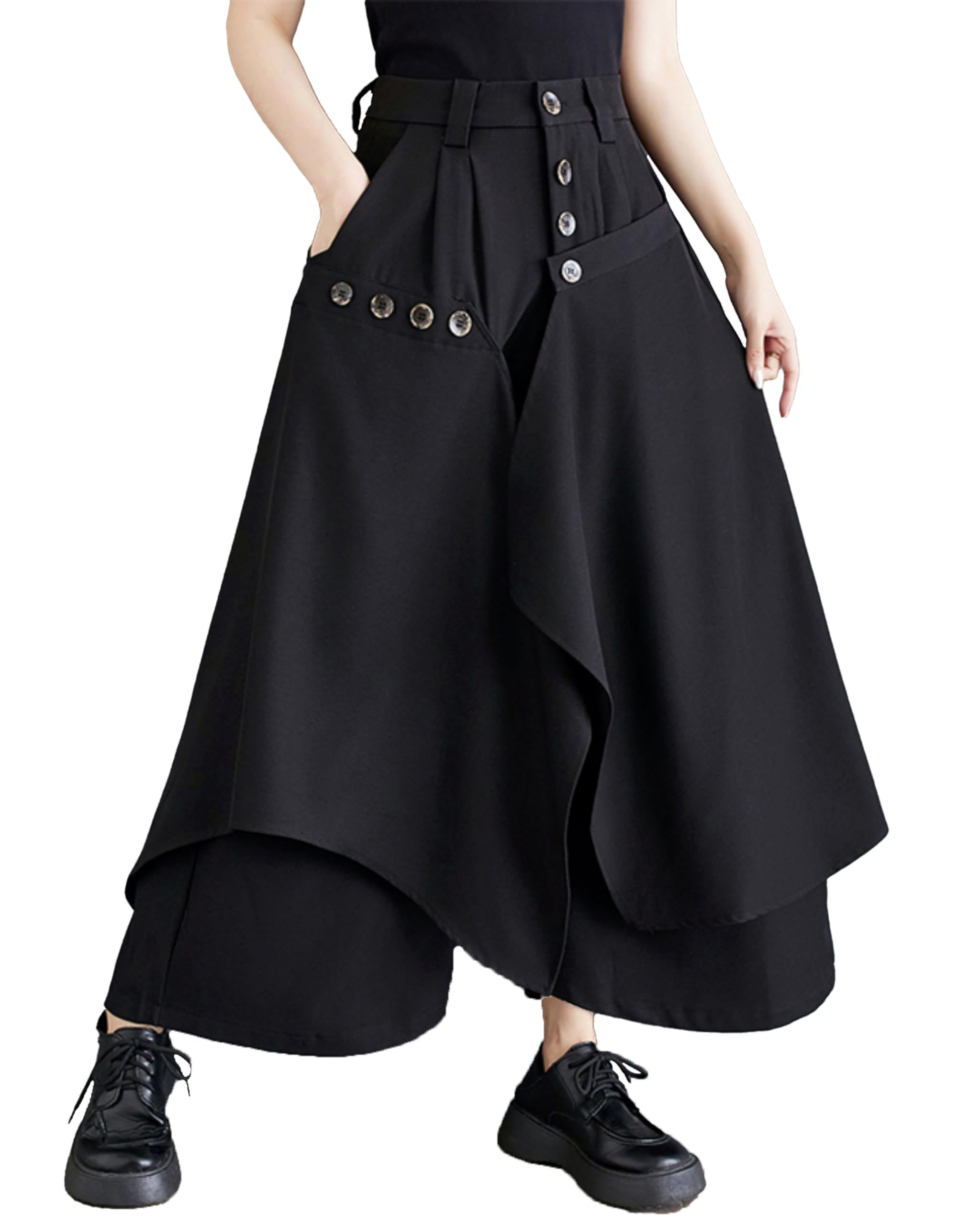 ellazhu Womens Black Culottes Irregular Wide Leg Pockets Drop Crotch Button Down GZ208 A