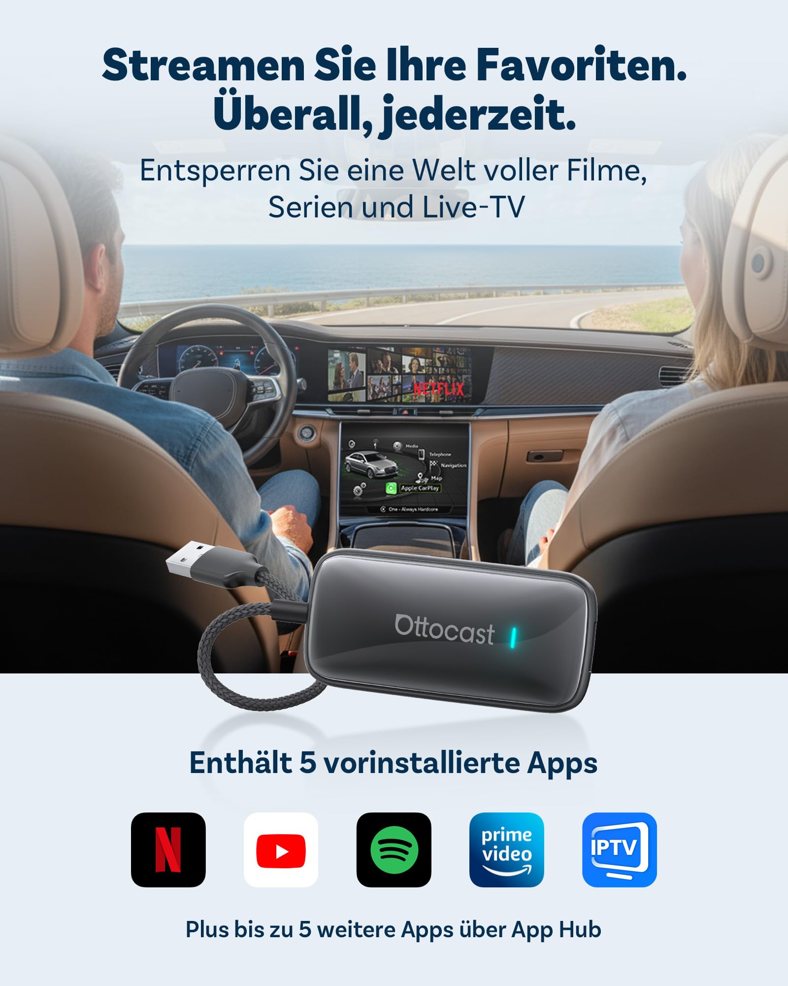 OTTOCAST Play2Video Ultra 2026 Upgrade, Wireless CarPlay Adapter AI Box mit YouTube, App Hub, bis zu 5 zusätzliche Apps, kompatibel mit OEM CarPlay Autos ab Baujahr 2016