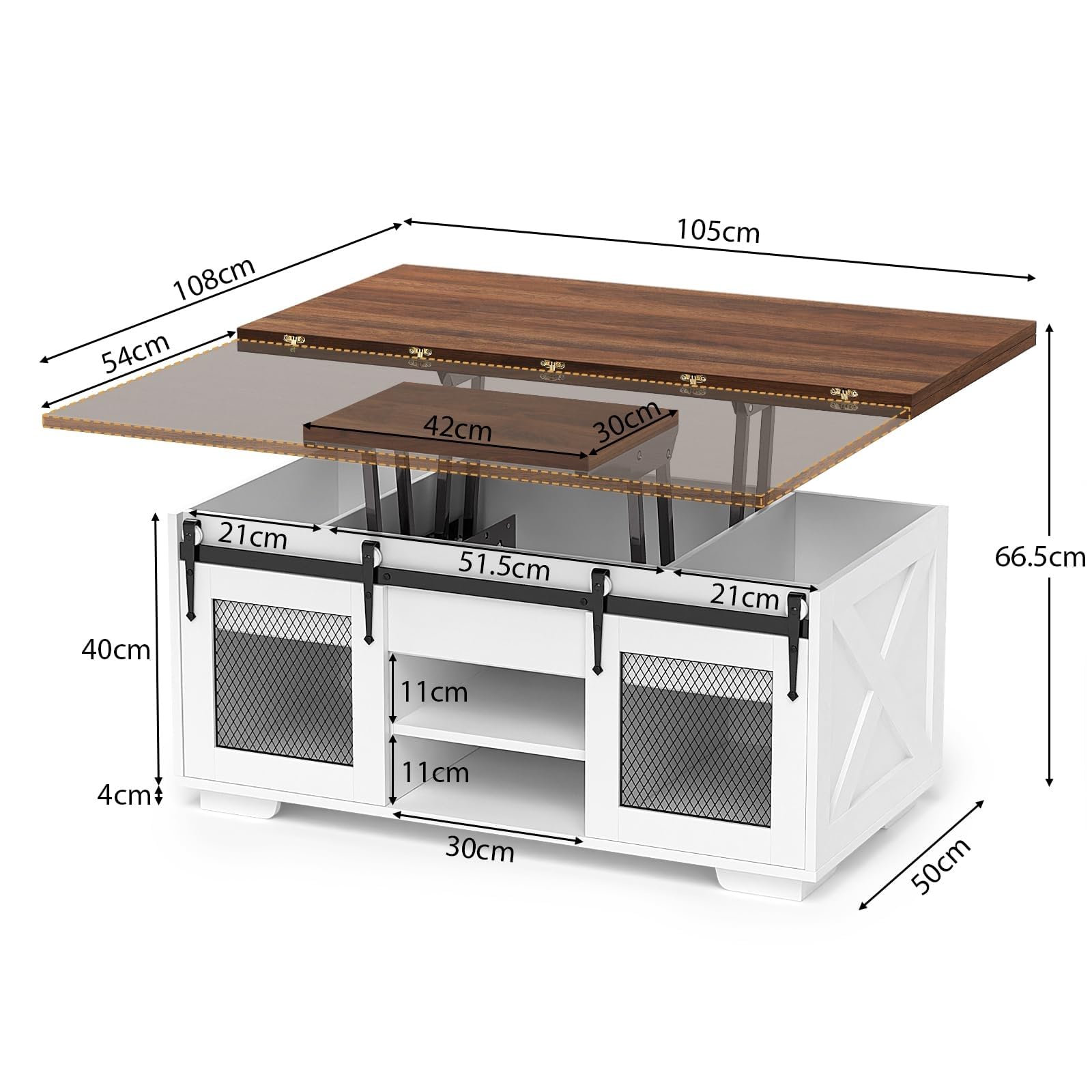 VOWNER Table Basse Relevable Extensible Table à Manger Noyer | Style ferme 3 en 1 pour salon, rangement caché avec portes coulissantes