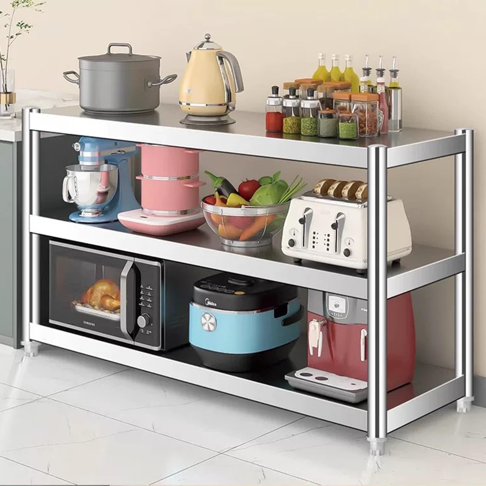 MYUYEE Stainless Steel 3 Tier Kitchen Shelving Unit Spice Rack & Microwave Oven Storage Durable Metal Countertop For Kitchen Office Living Room(100X40X80Cm)
