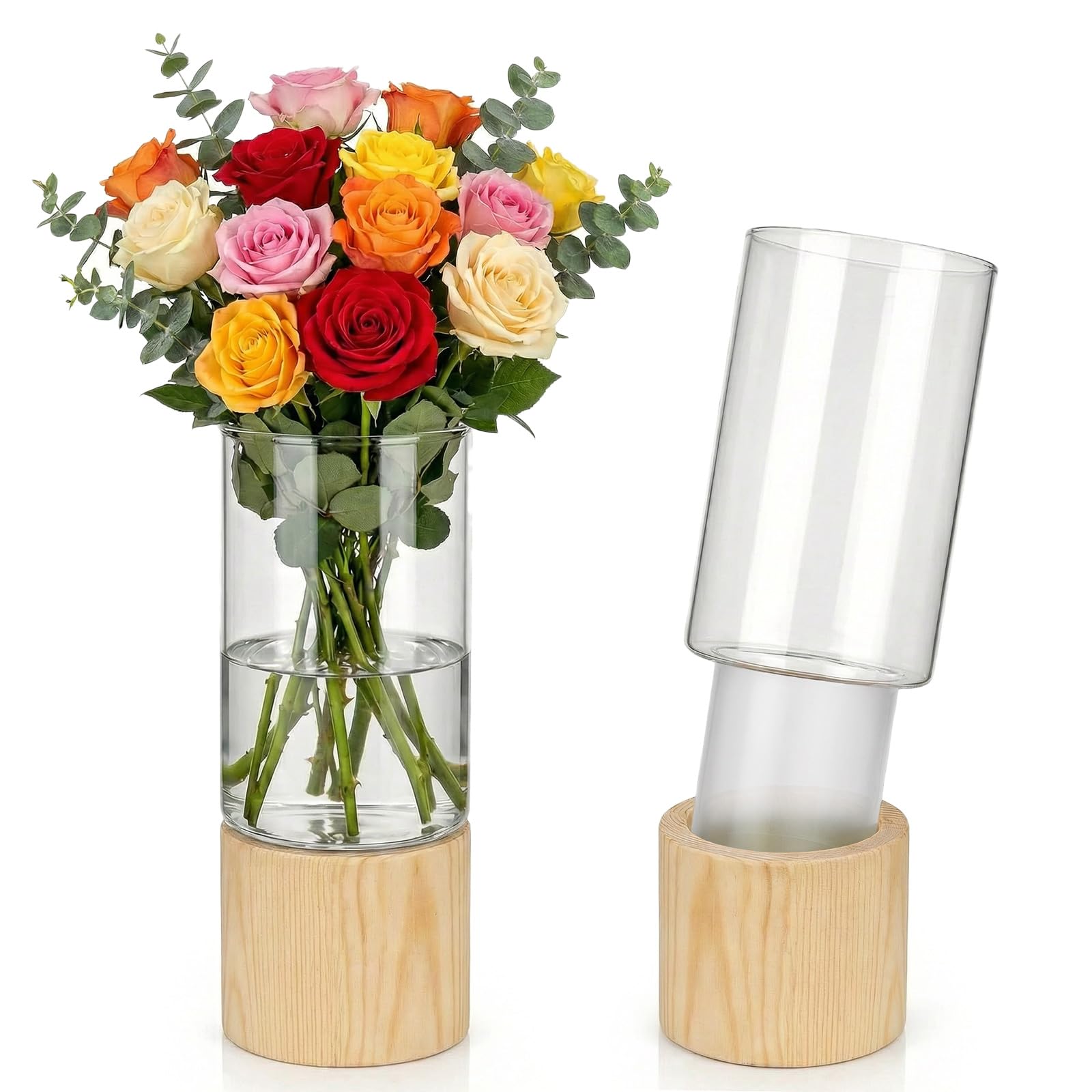 Acrylic Vase for Flowers - 25cm Tall Cylindrical Vase with Wooden Base Clear Large Flower Vases Boho Rustic Style Vases Modern Minimalist Ornaments for Pampas Grass Dried Flowers Wedding Home Decor