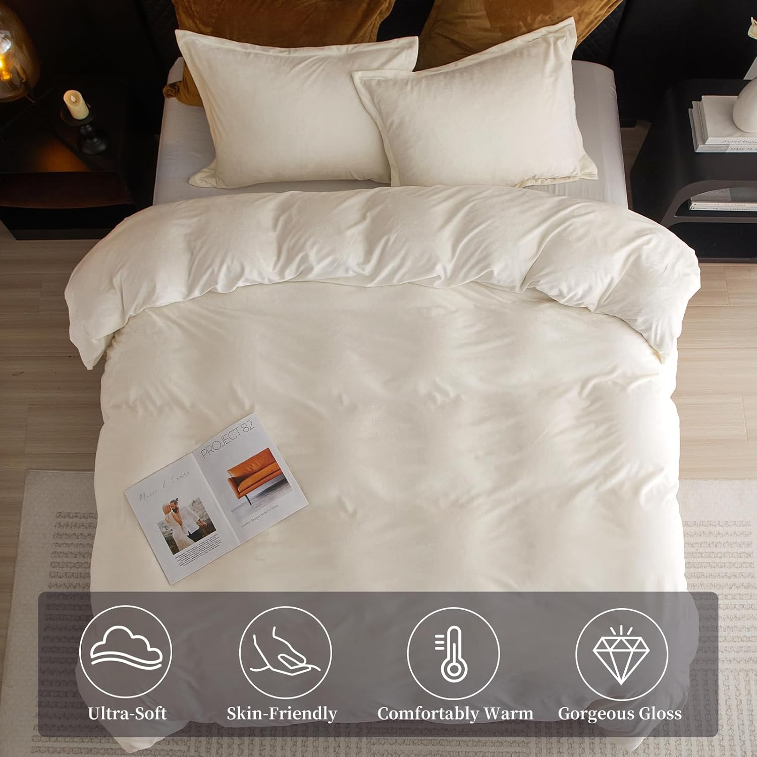 PHF Super Soft Velvet Duvet Cover Queen Size, 3pcs Luxurious Warm Velour Fluffy Bedding Set with 8 Ties, Cozy Breathable Flannel Comforter Cover with Pillow Shams, Zipper Closure, 90"x90", Cream - Image 2