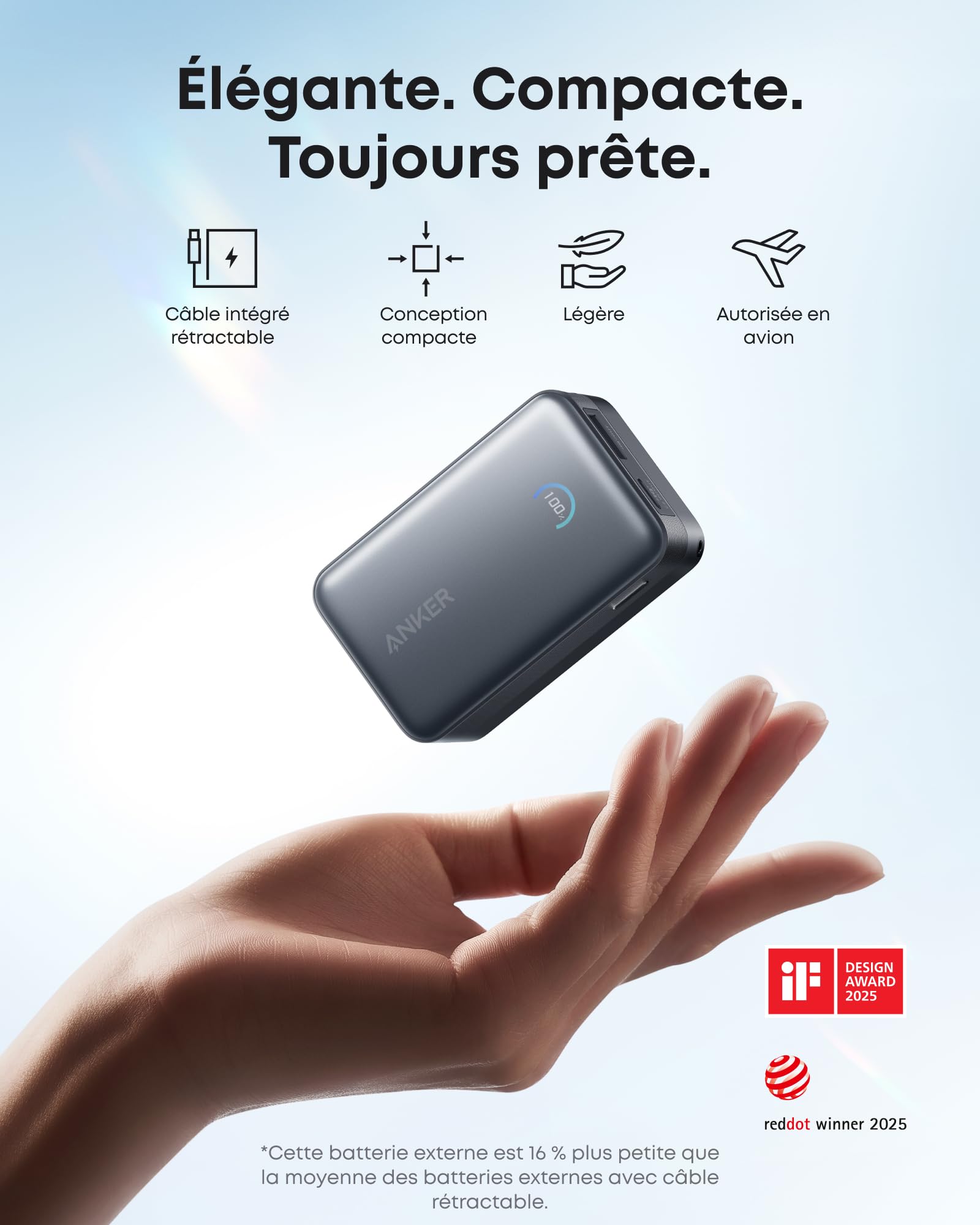 Anker Nano Batterie Externe 10000 mAh avec Câble Rétractable InstaCord 70 cm, Banque d’Alimentation Compacte 45 W Max Power Bank, Affichage Intelligent, pour iPhone 17 16 15, iPad, Galaxy, Pixel
