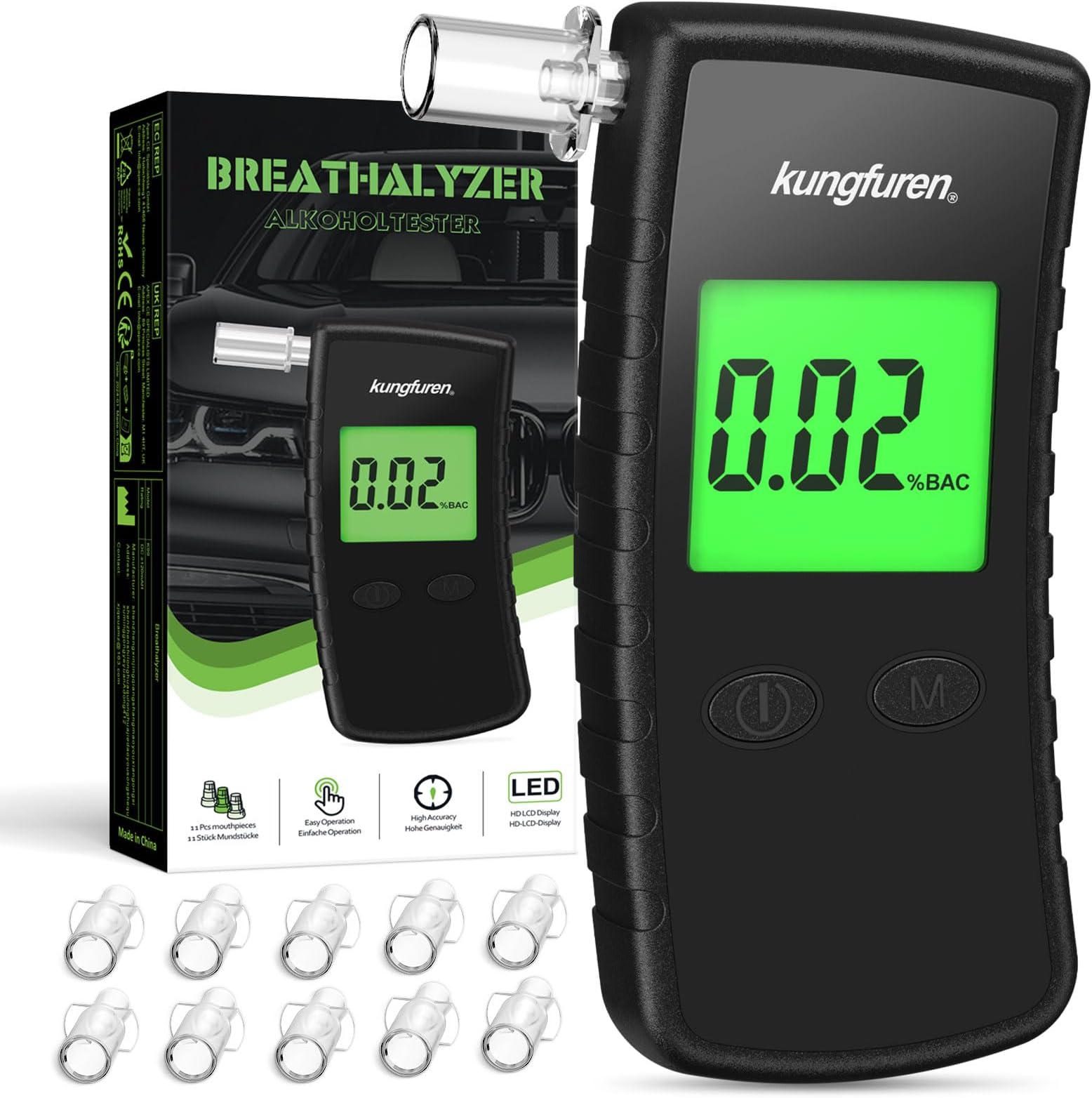kungfuren Breathalyser Police Accurate Alcohol Tester Per Mille Meter: Alcohol Meter with 11 Mouthpieces - Professional Alcohol Test with Digital Blue Large LCD Display