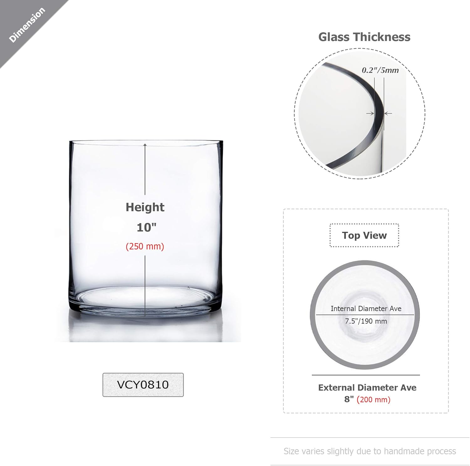 WGV Cylinder Vase, Width 8", Height 10", Clear Wide Large Diameter Flower Glassware, Floral Container, Planter Terrarium for Wedding Party Event, Home Accent Decor, 1 Piece