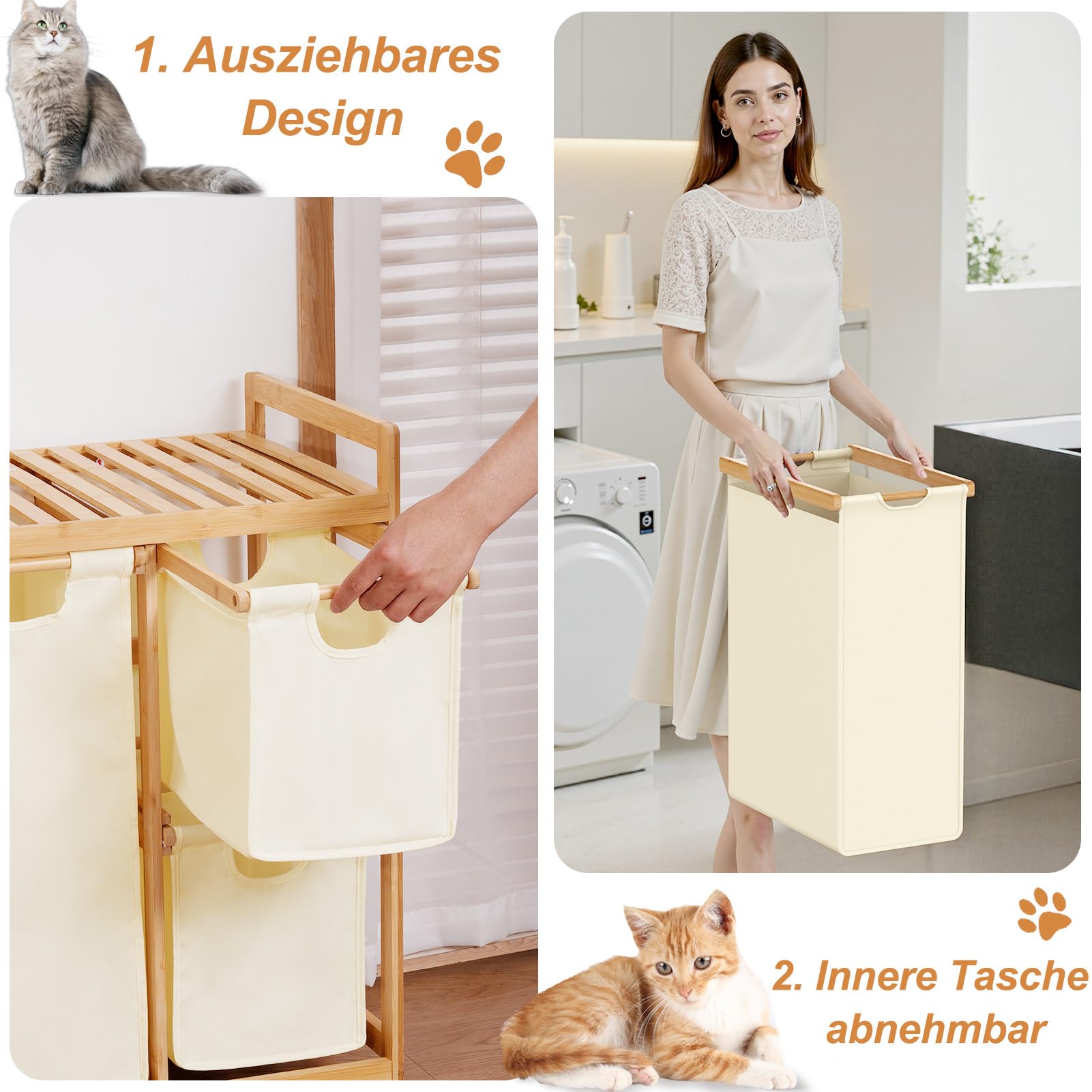 iEGrow Wäschekorb 4 Fächer 150L, Wäschesammler 4 Fächer, Bambus Wäschewagen mit Ablage für Schmutzwäsche, Push-Pull Wäschesack aus Oxford-Gewebe, 2 x 50 L, 2 x 25L Wäschebox Beige
