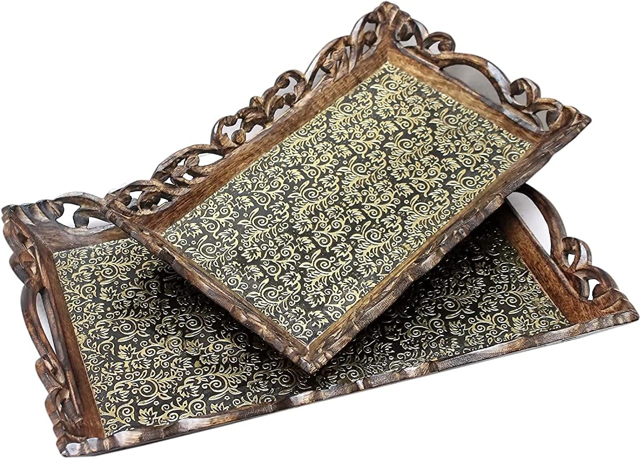 Urban Craft Mango Wood and Brass Serving Tray Set of 2
