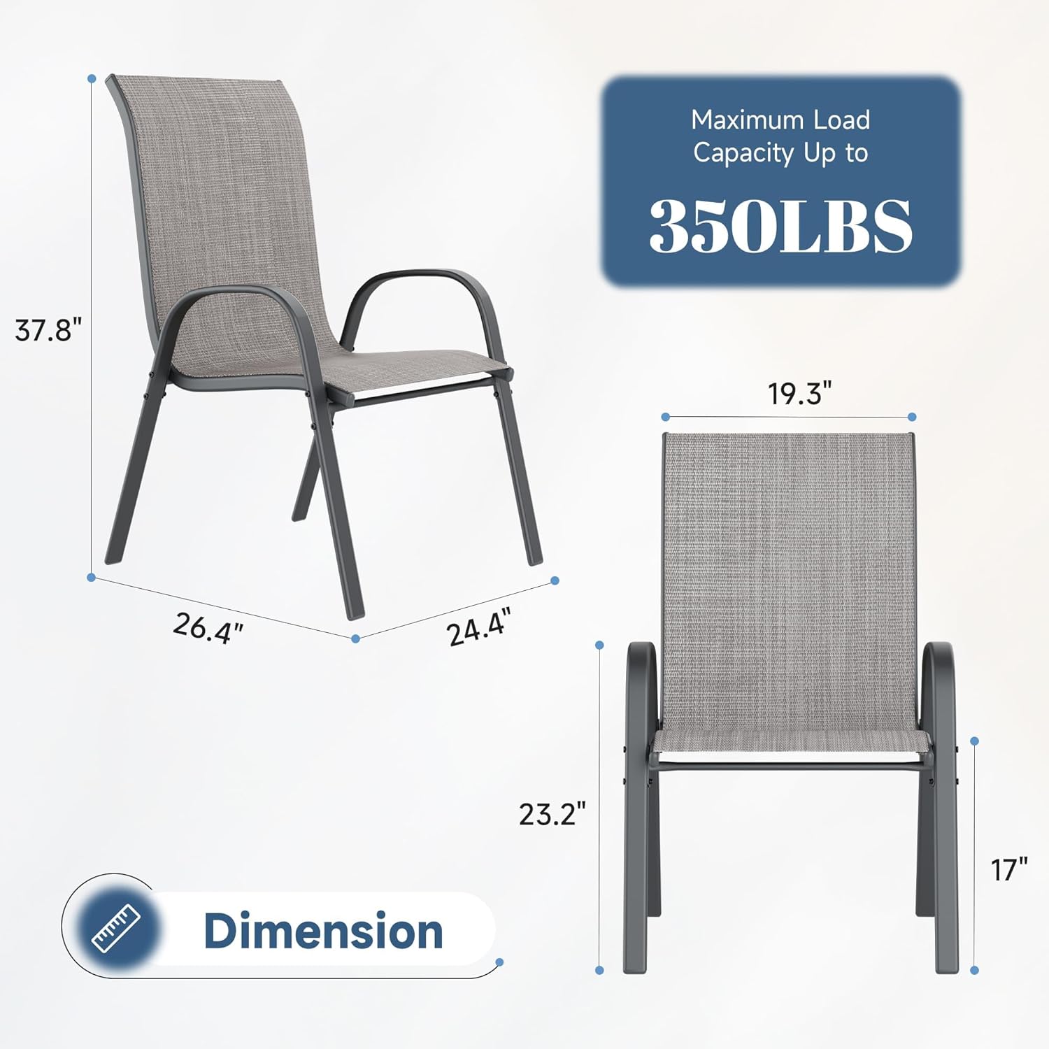 Diagram showing the dimensions of the Amopatio patio chair: 37.8 inches height, 26.4 inches depth, 24.4 inches width, 23.2 inches seat depth, 17 inches seat height. Maximum load capacity up to 350 lbs.