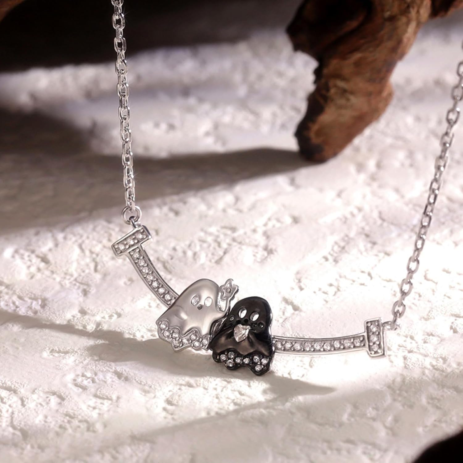 Ghost Necklace for Women Cute Halloween Ghost Pendant Necklace Silver Black Crystal Ghosts Necklace Unique Star Heart Swing Necklace Trendy Halloween Jewelry Accessories - Image 6