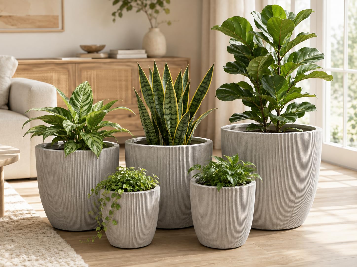 Pflanzkübel Eggpot Sand Geriffelt aus Clay Fibre – Leicht Frostfest – Moderner Blumentopf für Garten Terrasse Balkon & Innenbereich (Ø53 cm)