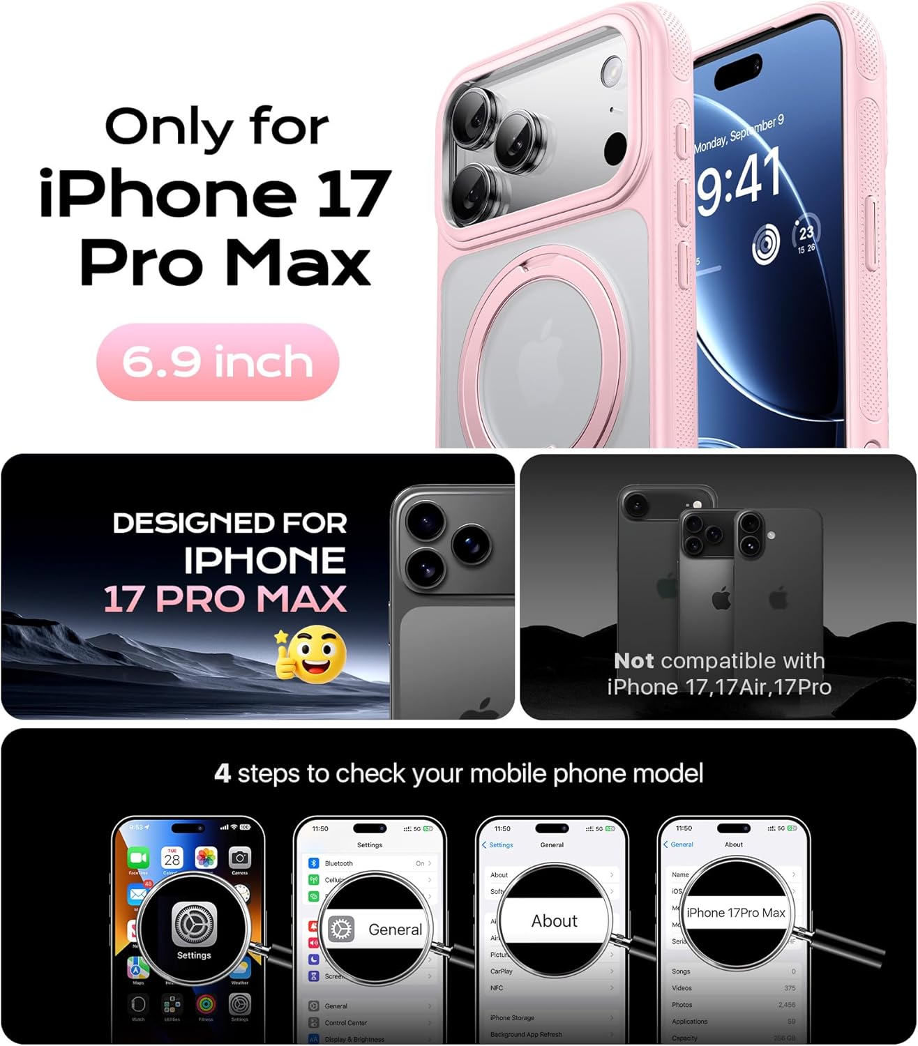ohbox iPhone 17 Pro Max Case with Stand for Women, Strong Magnetic for iPhone 17 Pro Max Cases Compatible with MagSafe, Case for iPhone 17 Pro Max Translucent Matte Shockproof Phone Cover 1Pack-Pink