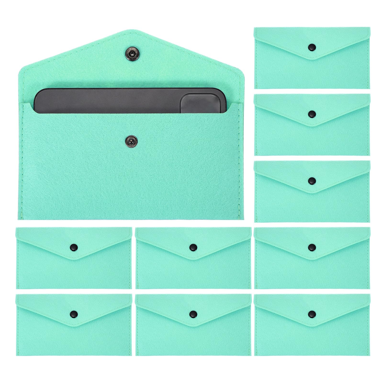 PATIKIL 10Pcs Felt Money Bag, Felt Cellphone Sleeve Case Pouch Cash Bag Button Closure Cash Envelope Wallet Storage Pouch for Card Pen Sunglasses, Light Blue Green