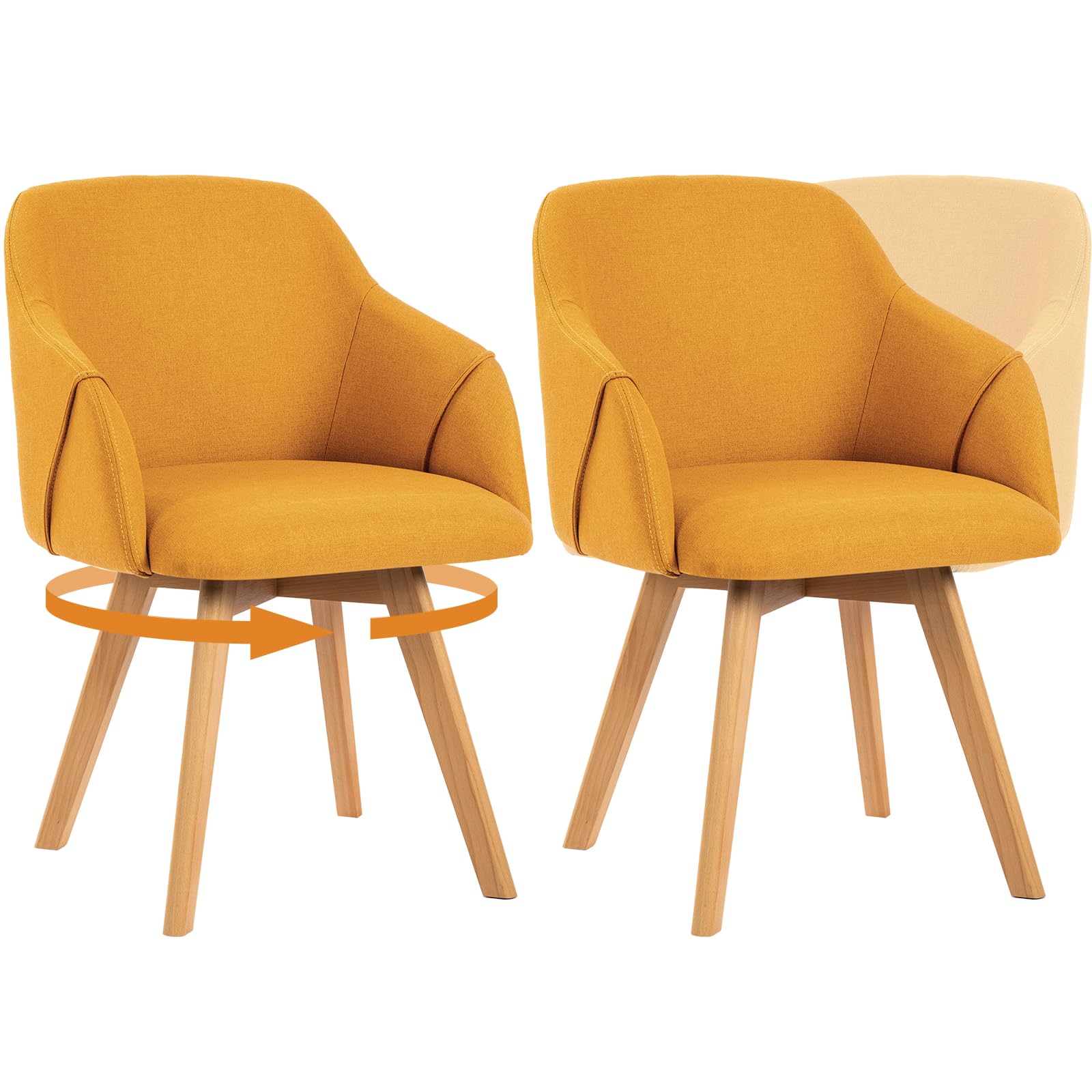 Bekrvio Set of 2 Swivel Dining Chairs with Arms โ Upholstered in Breathable Linen, Wide Padded Seat with Beech Wood Legs, 360ยฐ Rotating Accent Armchair for Kitchen, Dining Room, Living Room