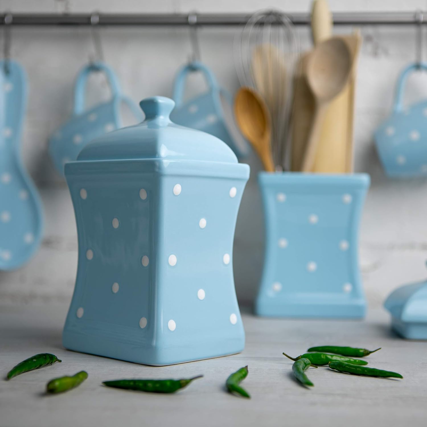 City to Cottage Handmade Light Sky Blue and White Polka Dot Ceramic Kitchen Serving, Storage Set of 10 | Large & Small Canisters, Butter Dish, Egg Cups, Salt & Pepper Shakers, Spoon Rest, Gift