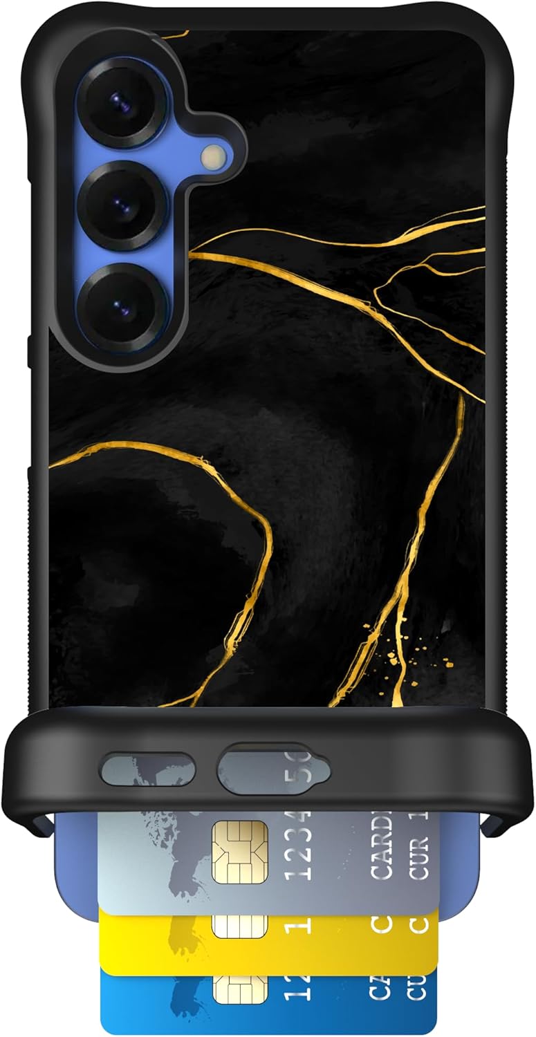 Scooch for Samsung Galaxy S25 Case with Card Holder, Wingmate Wallet Case with Hidden Card Slot and RFID Protection, Holds up to 4 Cards, 10-Foot Drop Protection, Black Marble