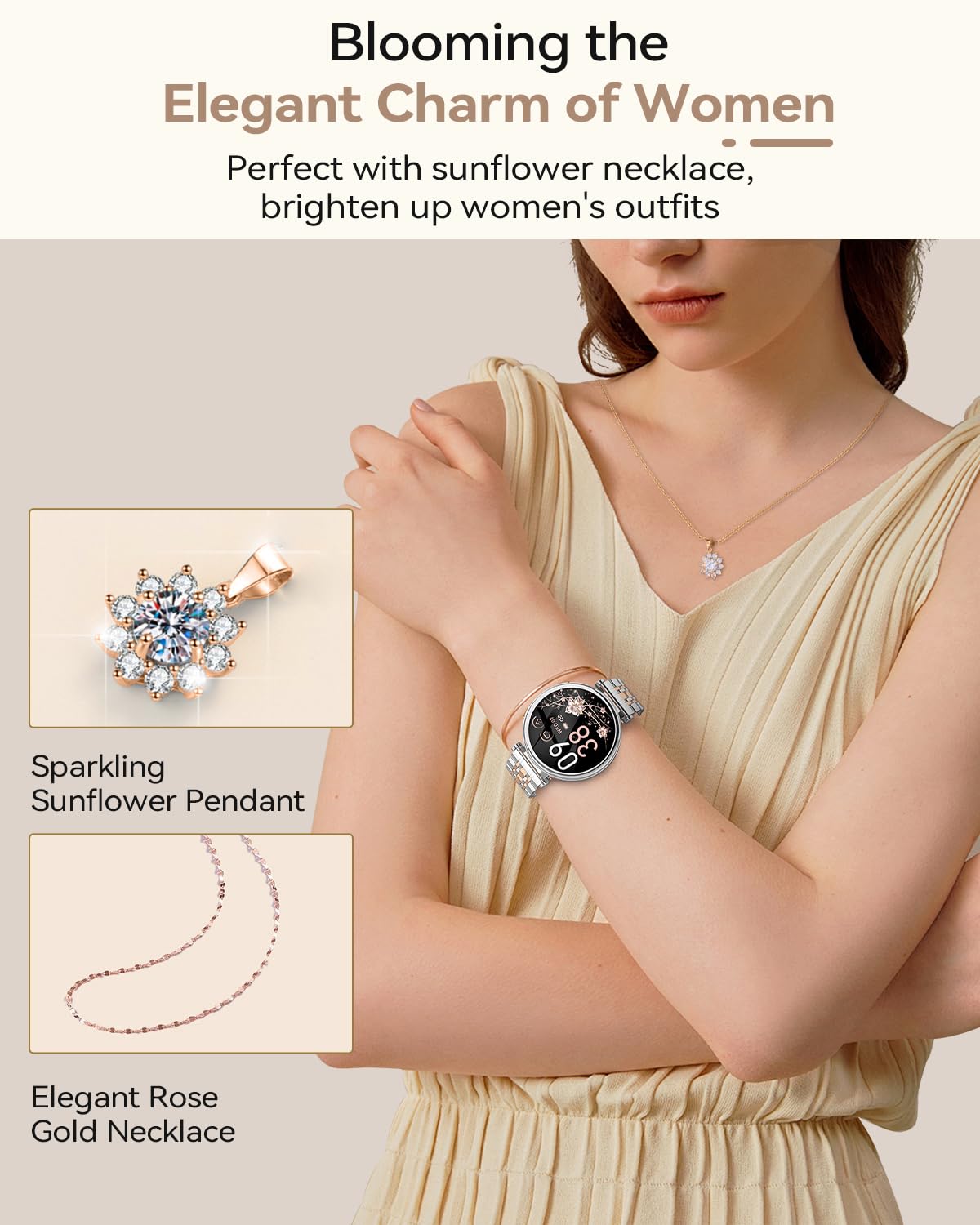 Fitnynxos Smartwatch Donna, 1.27" HD Orologio Smartwatch con Chiamate, 120+ Sport, 24h Cardiofrequenzimetro Ciclo Mestruale SpO2 Sonno IP68 Contapassi Notifiche WhatsApp per iOS Android Argento Regalo