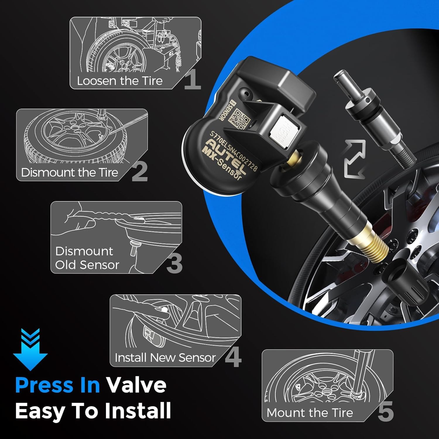 Autel MX-Sensor TPMS Sensore, Doppia Frequenza, Livello OE per 98% Autos, Sensore Pneumatici Programmabile 100%, Compatibili con TS408S TS508WF TS501PRO TS601 Strumento TPMS (Valvola in Gomma, 4PCS)