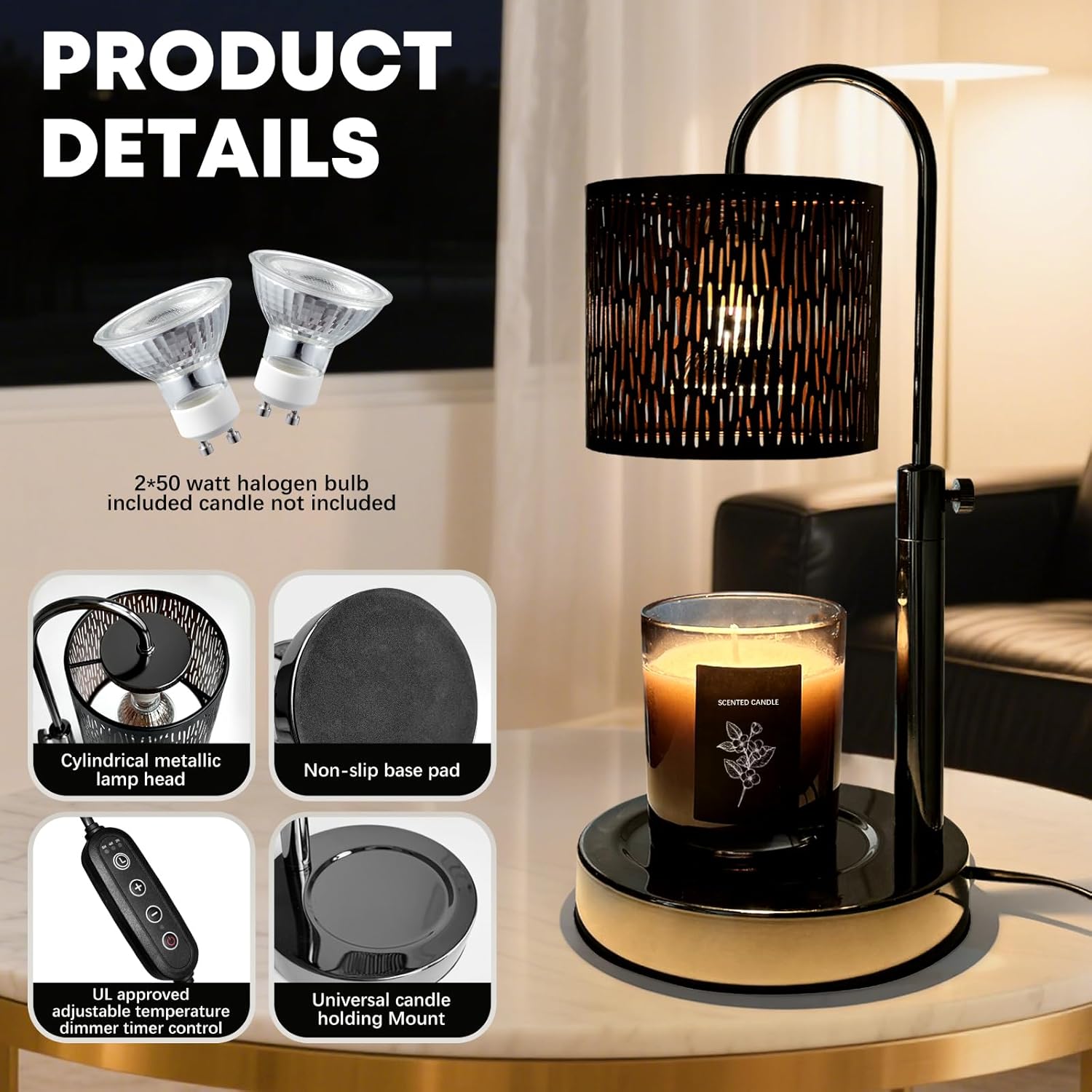 Candles Warmer Lamp with Timer and Dimmer, Home Bedroom Decor, Electric Adjustable Candle Wax Warmer Melter, Vintage Decor Birthday Monther Day Gifts,2 Bulbs，Black