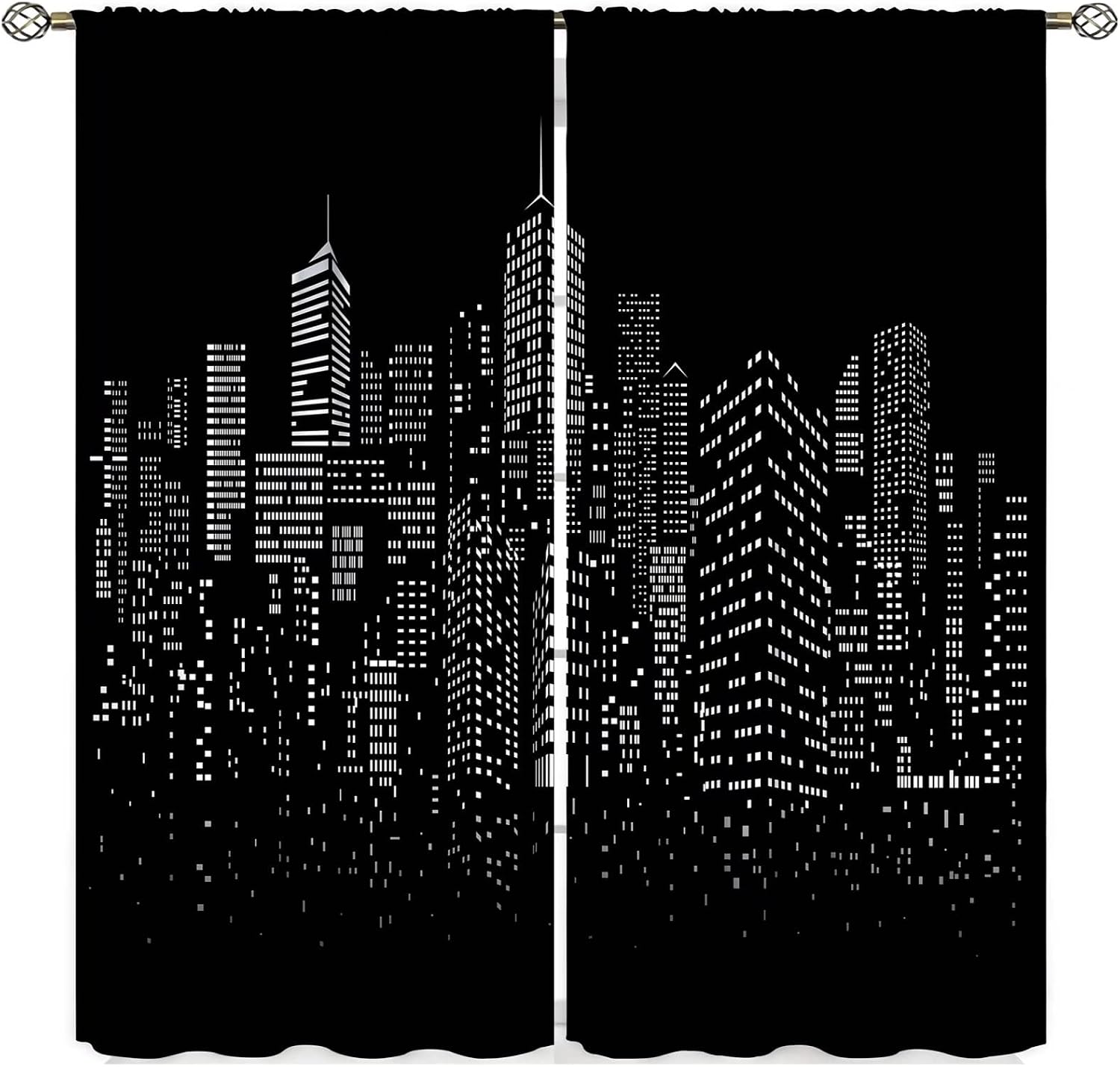New York Curtains Black White Modern Night City Window Drapes for Bedroom Living Room Cafe 2 Panels W42 x L63 Inch