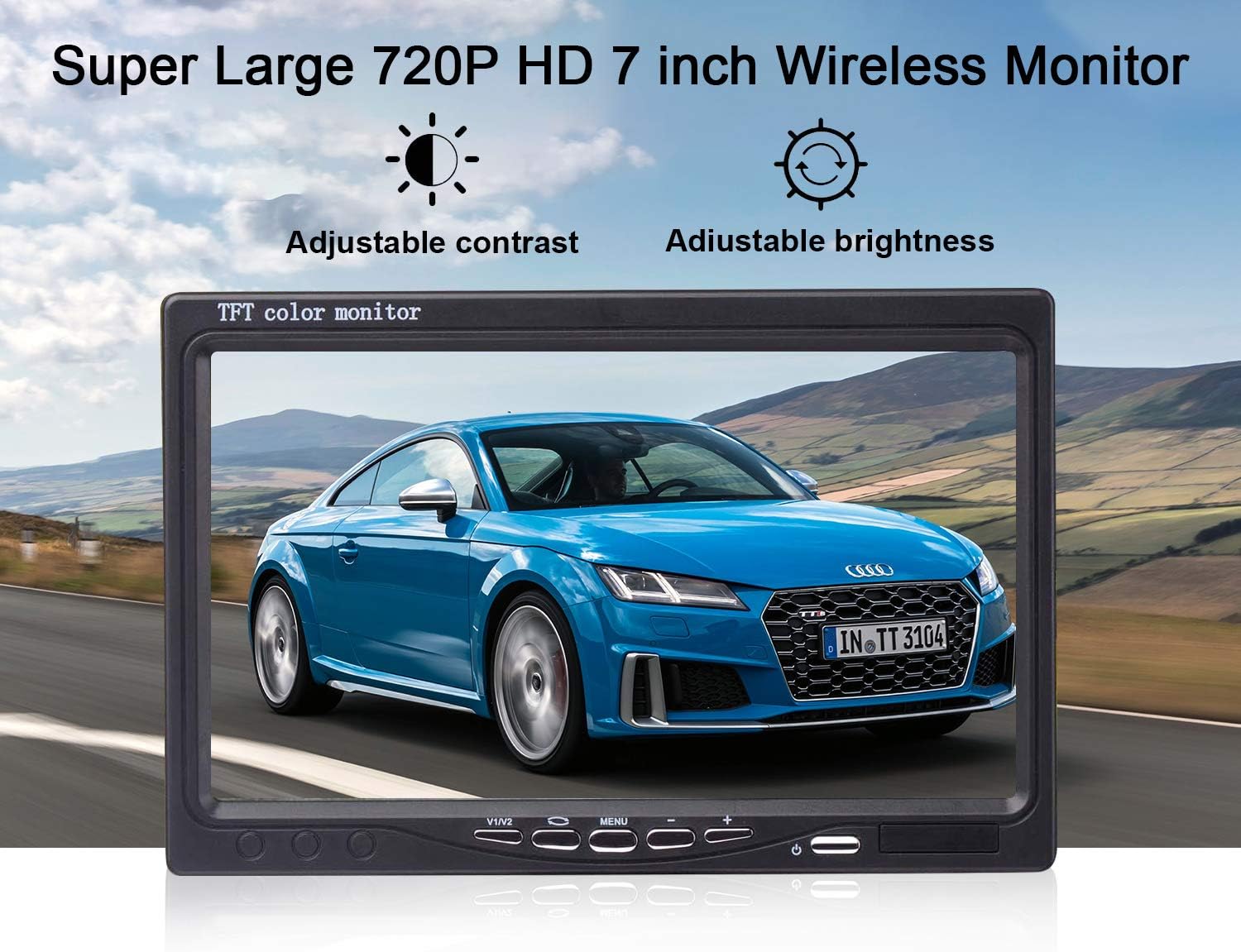Gertutik view of the 7-inch wireless monitor displaying a car, with icons for adjustable contrast and brightness.