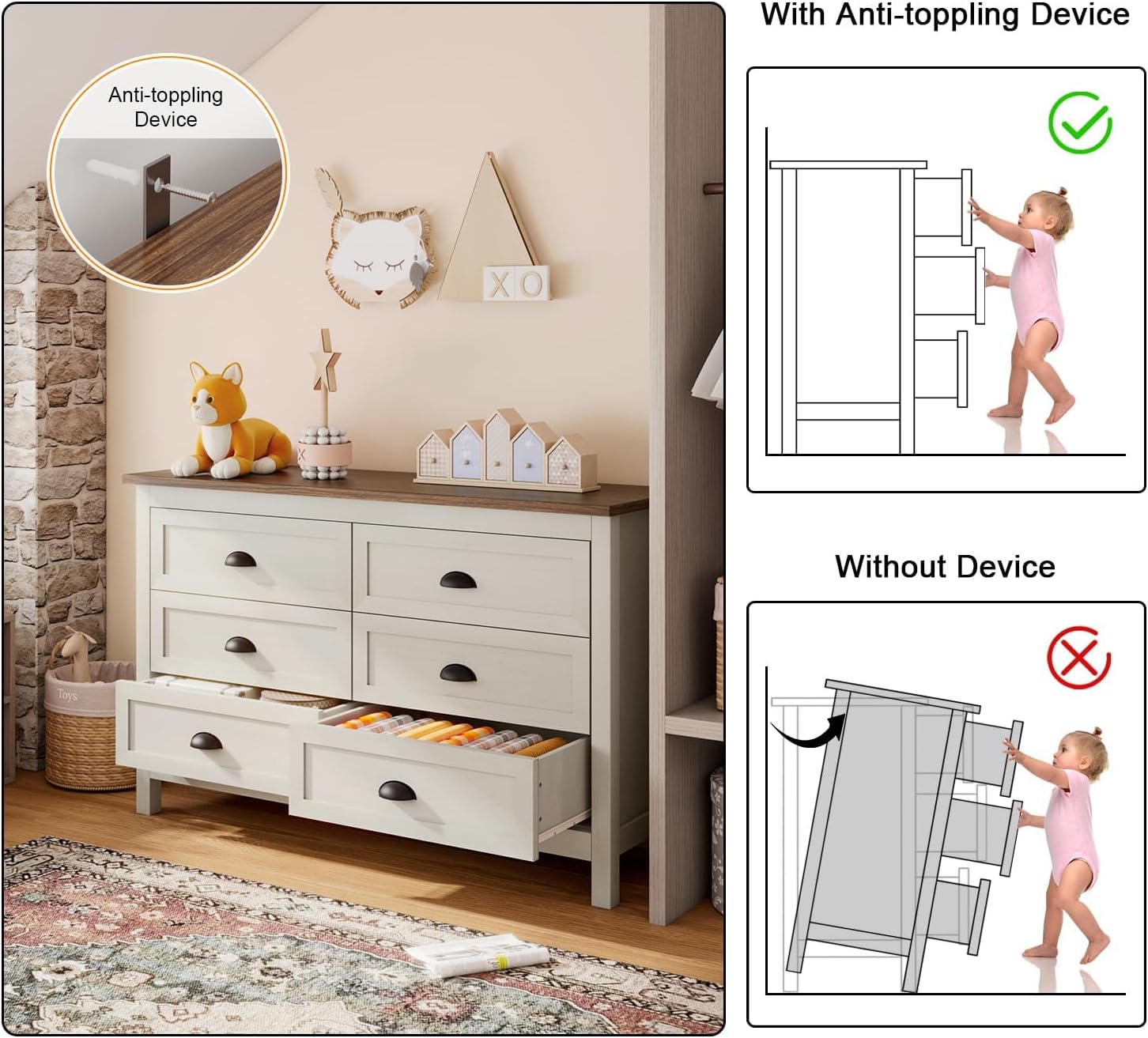 Wananlanen® Farmhouse Dresser for Bedroom, Antique Double Dresser & Chest of Drawer with Vintage Handle and Storage, Wooden Tall Rustic Organizer for Bedroom (Antique White, 6 Drawer)