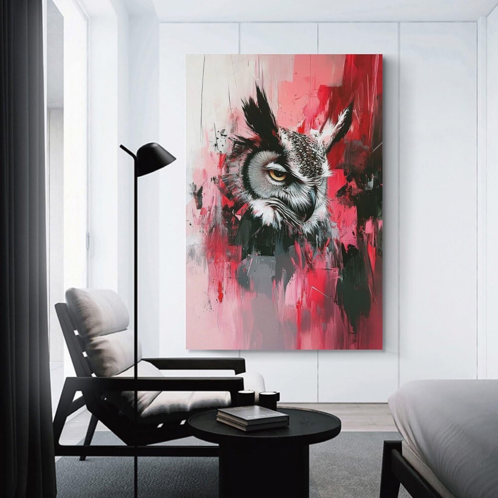 Junmoney Owl Painting with Red Accents Decorative Wall Artwork, 12x18inch(30x45cm), for Home Lounge, Bedroom Or Reading Nook, Eye Catching Artwork for Blank Walls