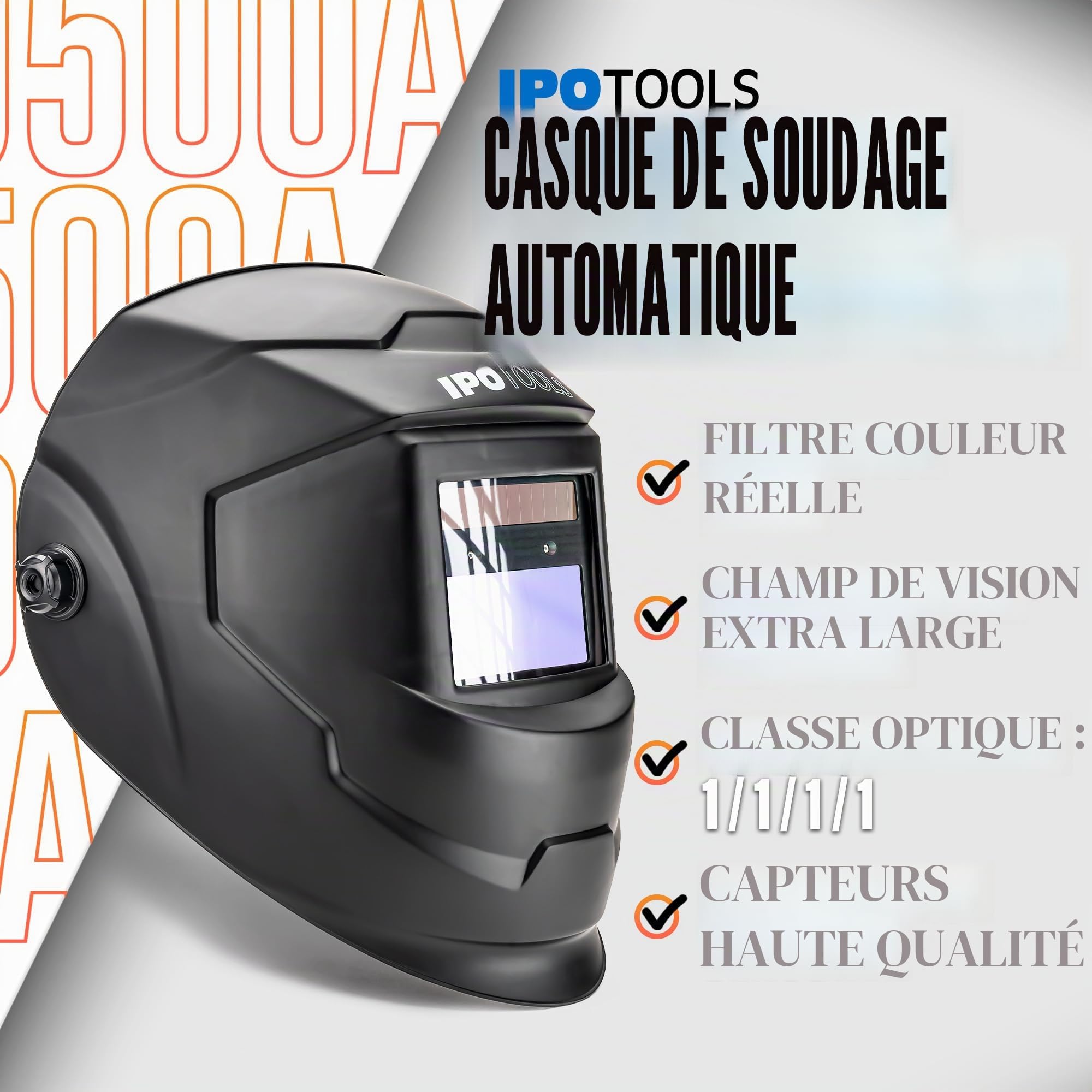 IPOTOOLS J500A Casque de soudage automatique avec True Colour, casque de soudage solaire, 2 capteurs de qualité supérieure, grand champ de vision (92 × 42 mm) avec niveaux de protection DIN 4/9-13
