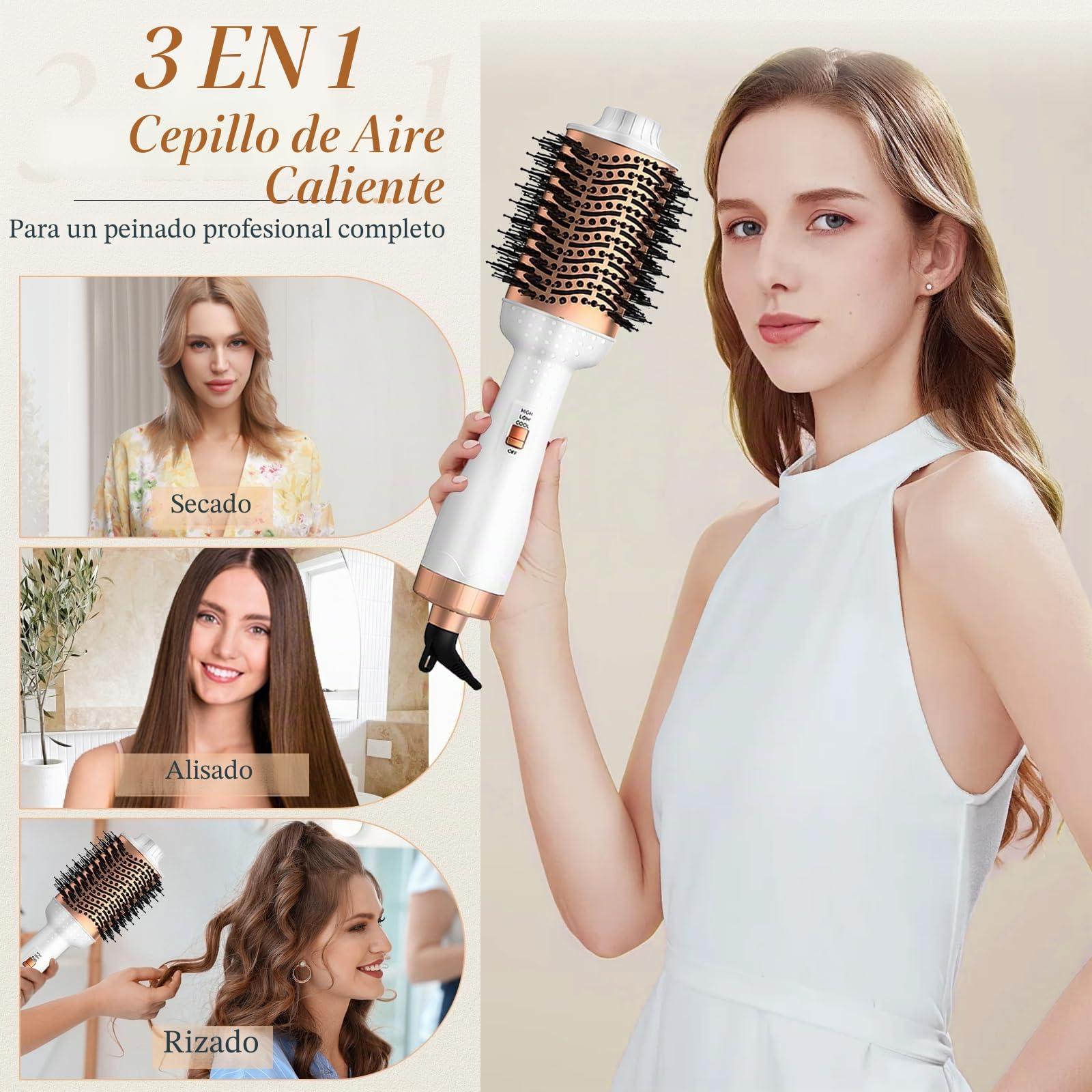 Cepillo de Aire Caliente, Cepillo de Aire Caliente 3 en 1 Multifunción con 3 Temperaturas Ajustables y 2 Velociades, Iónico Negativos Cepillo Secador de Pelo para Secar Alisador Rizador