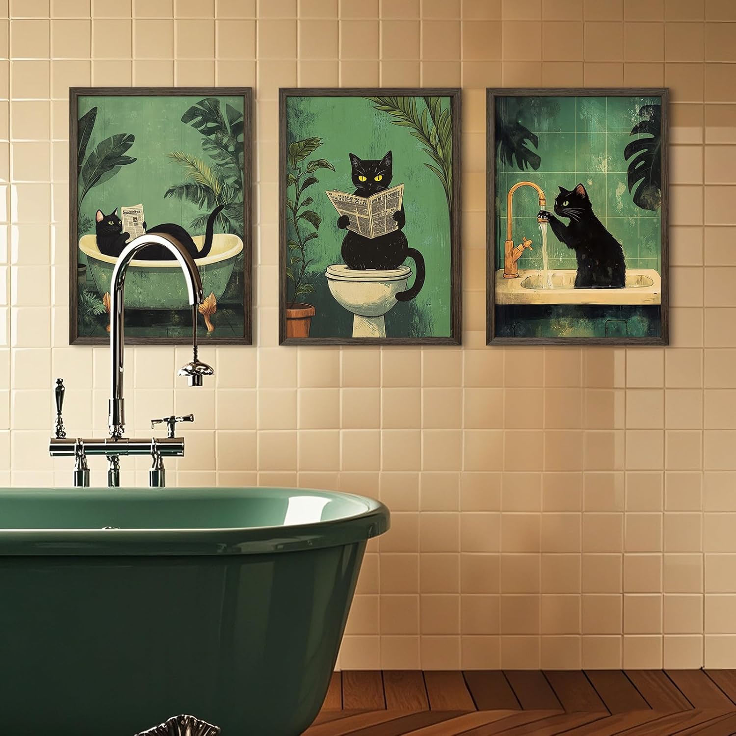 Cat Bathroom Wall Art Funny Canvas Wall Decor Black Cat Pictures Cute Prints Funny Bathroom Poster Green Toilet Art Vintage Painting Artwork Cute Posters for Toilet Washroom 12x16x3 Inch Framed