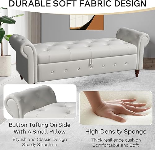 Miniatura 6 de NIOIIKIT Banco otomano de almacenamiento de 63 pulgadas, banco de entrada con botones al final de la cama, sofá otomano armado enrollado para Beige