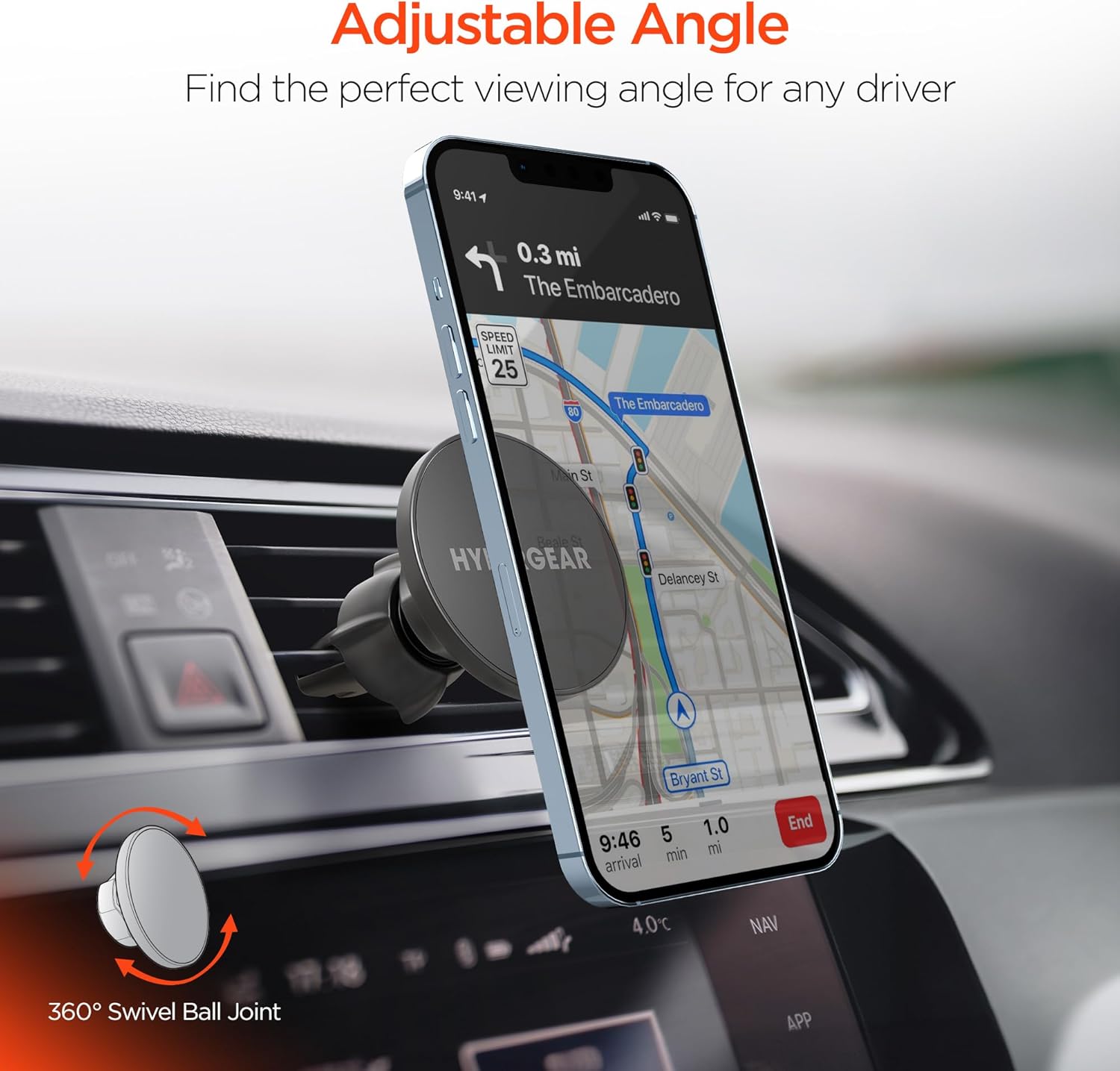 Image showing the HyperGear car mount with a phone, highlighting the 360-degree swivel ball joint for adjustable viewing angles.