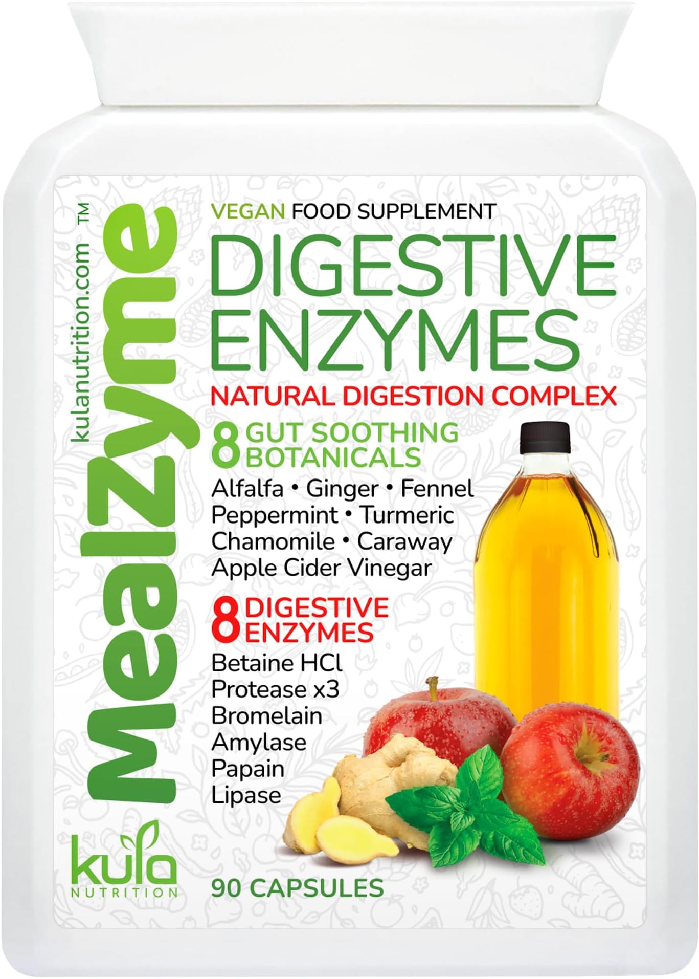 MealZyme - Digestive Enzyme Supplements - 6 Vegan Plant Based Complex with Bromelain, Betain HCL, Amylase, Protease, Lipase, Papain and Peppermint for Indigestion and Bloating Relief - 90 Capsules