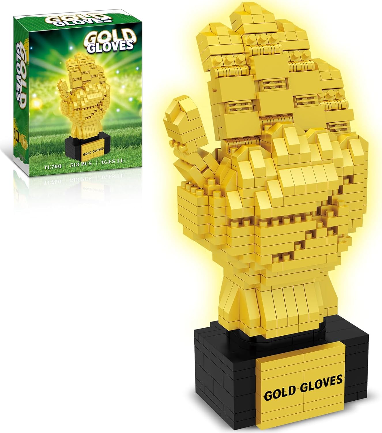 Gold Gloves Micro Mini Building Block Set for Adults, Sports Football Goalkeeper Fans for Home Office Decor, STEM Trophy Educational Toys for Boys Teens Age 14+ (513 Pieces) No Compatible with Lego