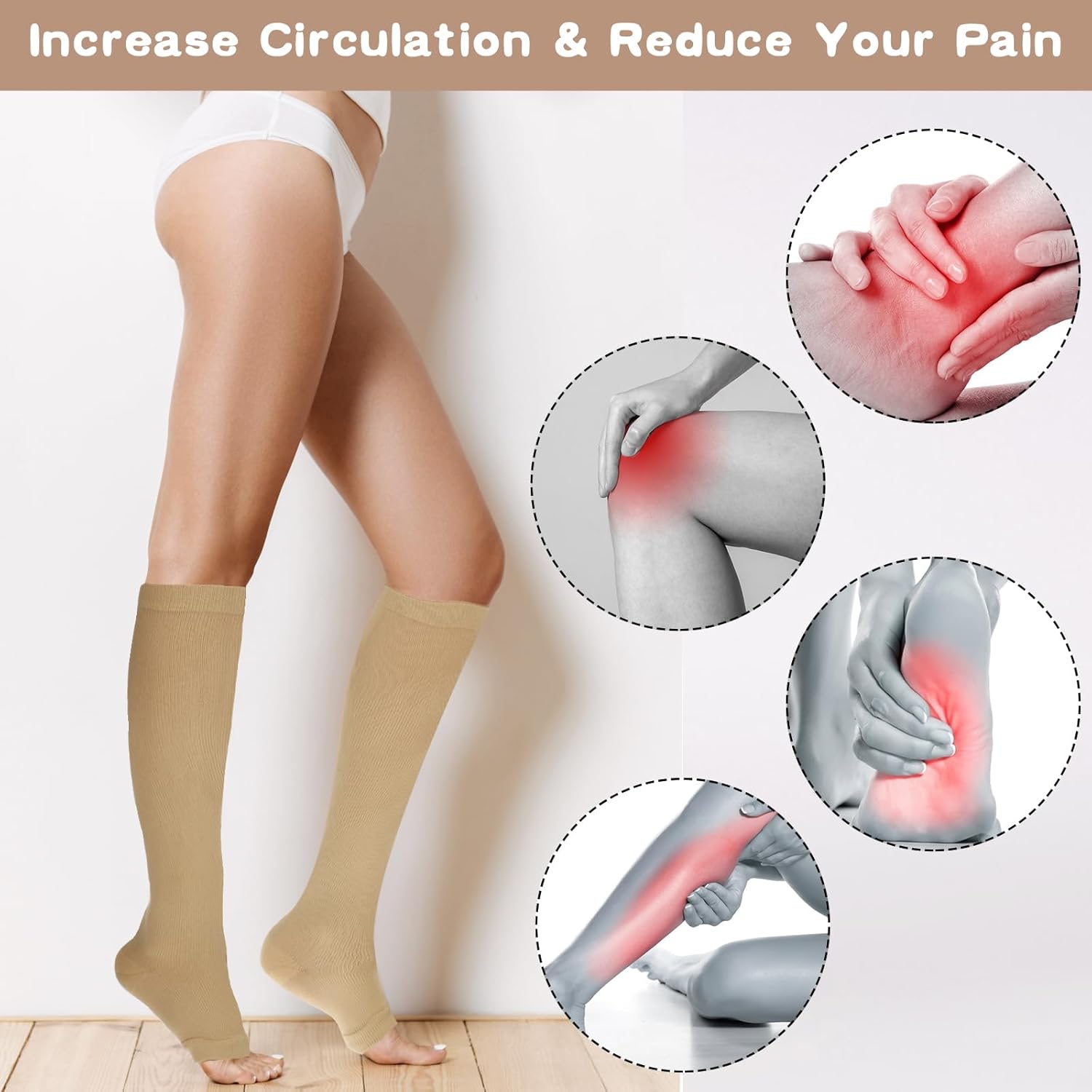 Open Toe Compression Socks for Women & Men, 2 Pairs Toeless Compression Socks 15-20 mmHg Knee High Stockings for Circulation Support, Medium, Beige/Black - Image 4