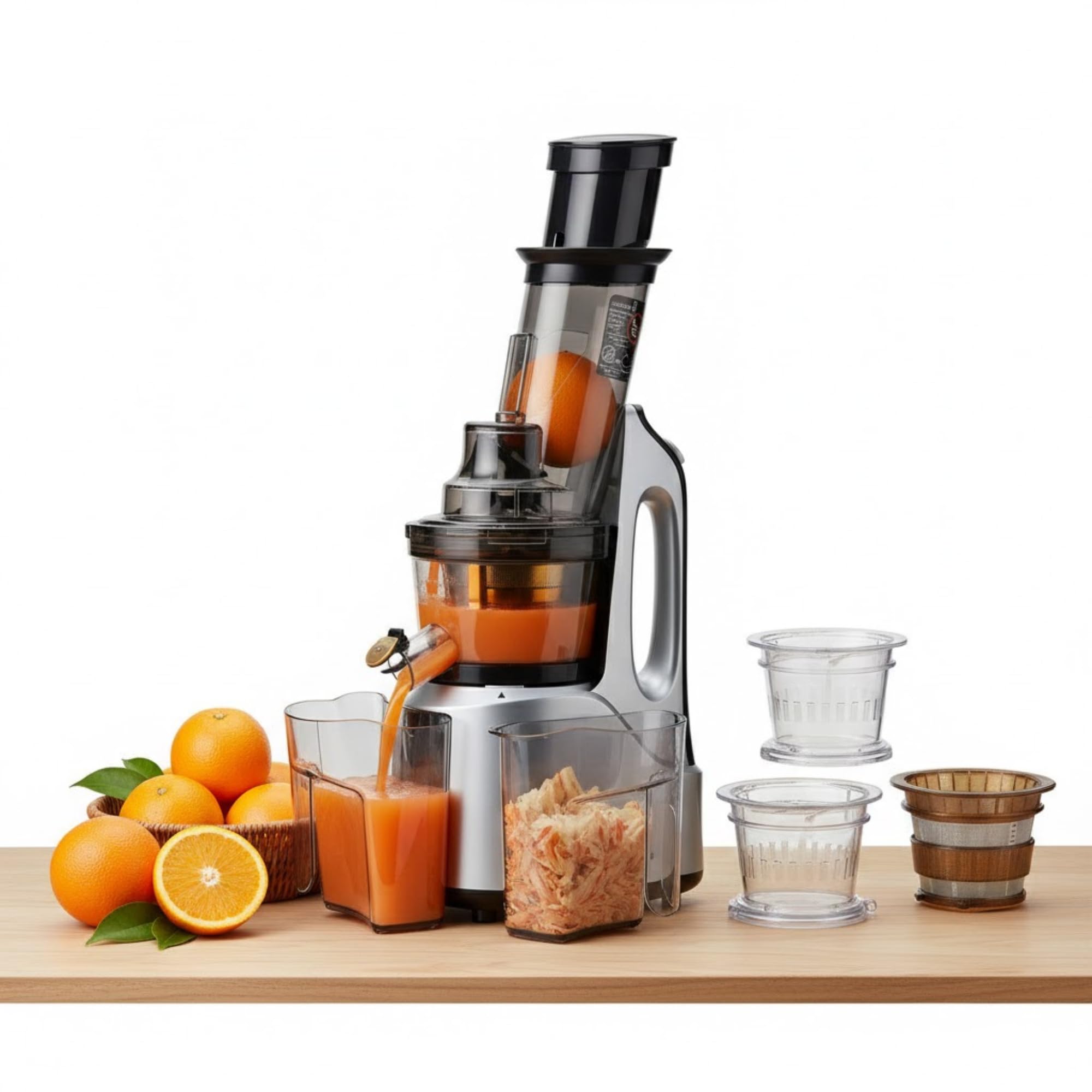 𝓓rumstone Multifunction Cold Press Juicer for Home, Slow Juicer Machine with Multiple Strainers, Silver & Black Finish, Includes Pulp Container and Juice Cups-image-19