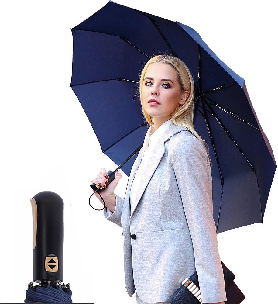60 MPH Windproof Compact Travel Umbrella with Reinforced Unbreakable 10 RibsAuto Open&Close One Handed OperationSturdy Large Canopy 46-InchCompact But Large When Open (Blue)