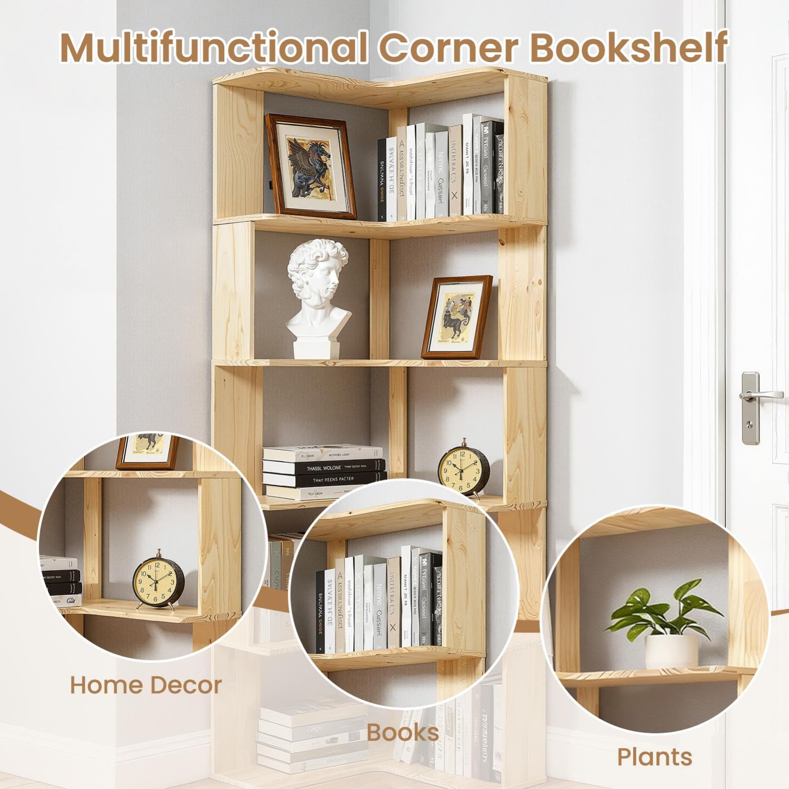 Scaffale angolare, libreria, 6 ripiani, grande e moderna, ad angolo, a forma di L, per camera da letto, soggiorno, studio, 157 x 60 x 60 cm